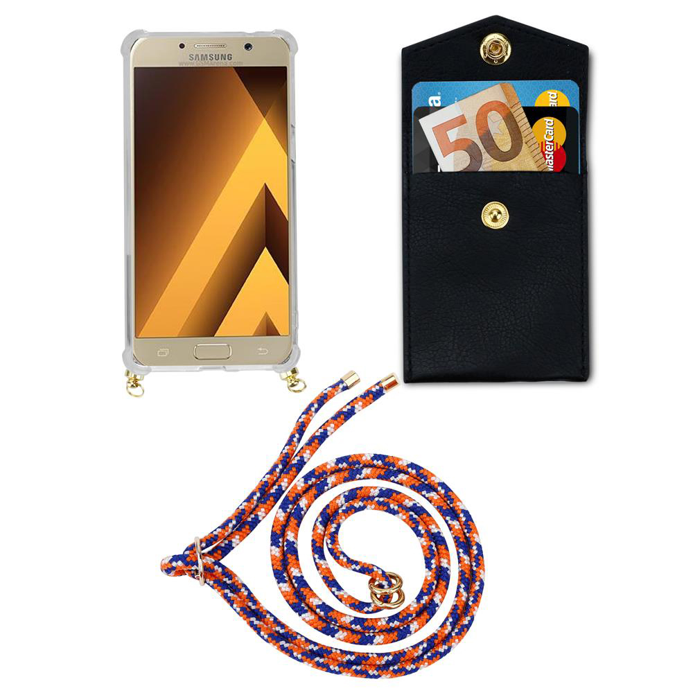 Uno smartphone in custodia, una tasca nera con soldi e carte, e un cordoncino.