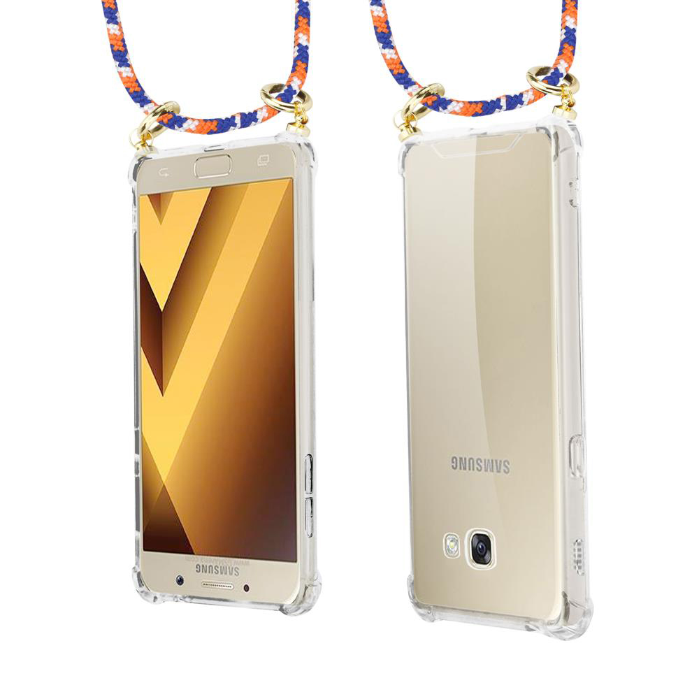 Un Samsung trasparente con cinturino intrecciato blu, arancione e bianco.