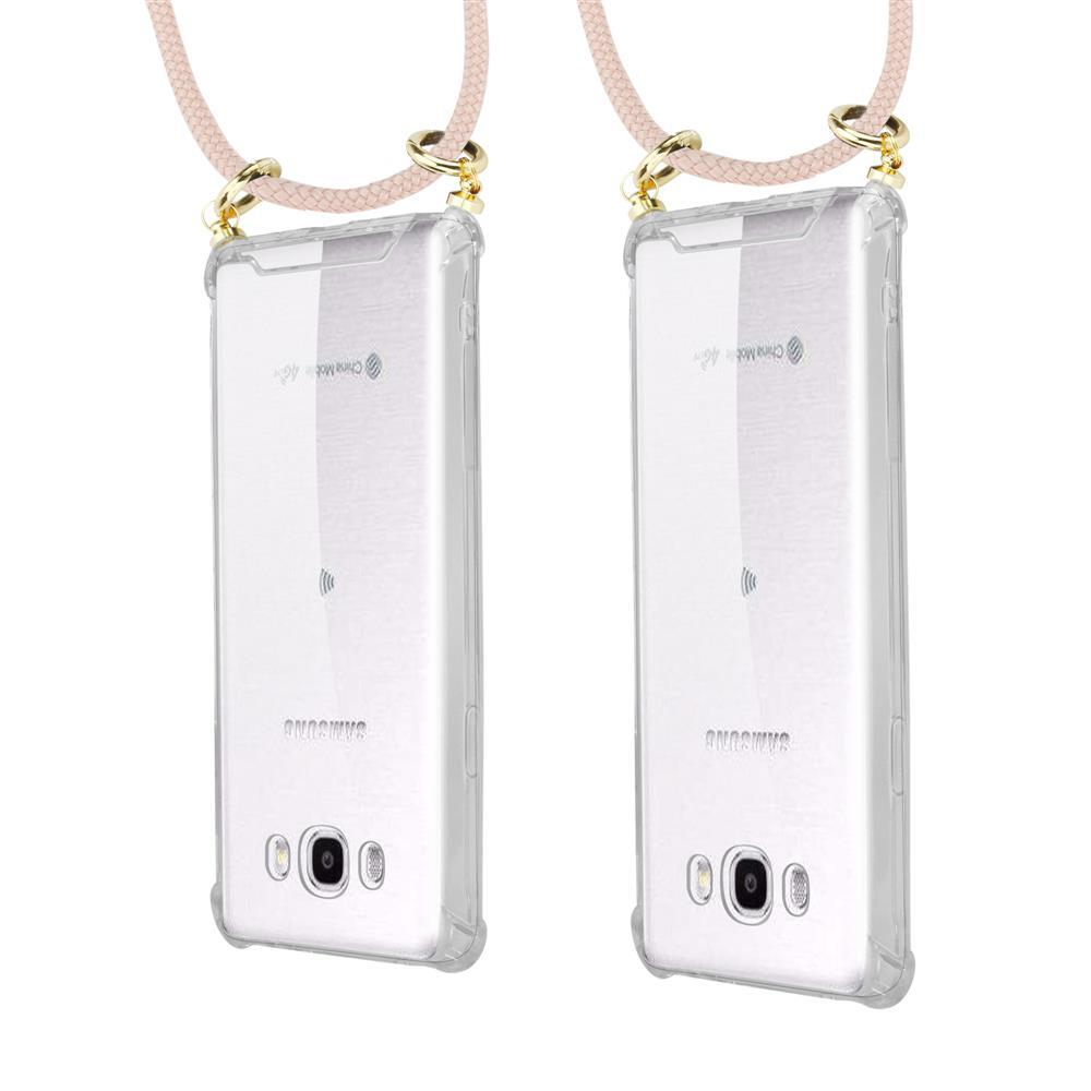 Due custodie trasparenti per telefono con cordini attaccati a telefoni Samsung.