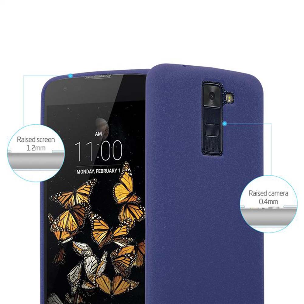 Una custodia blu protegge uno smartphone con sfondo a farfalle.