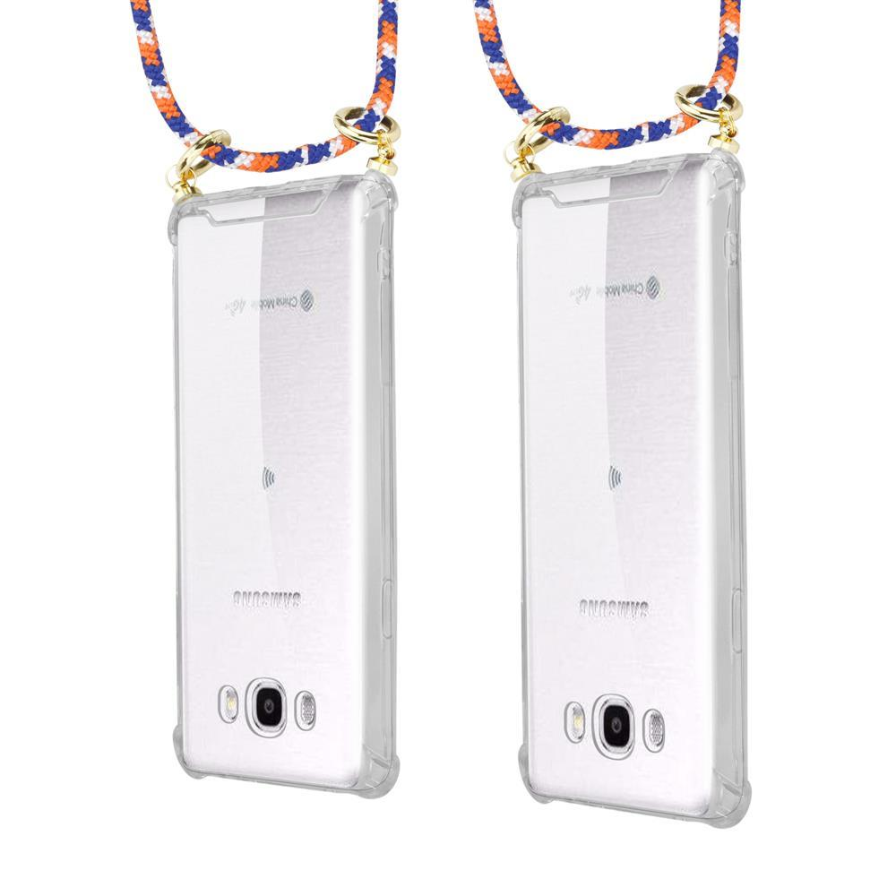 Due telefoni Samsung in custodie trasparenti con cordini.