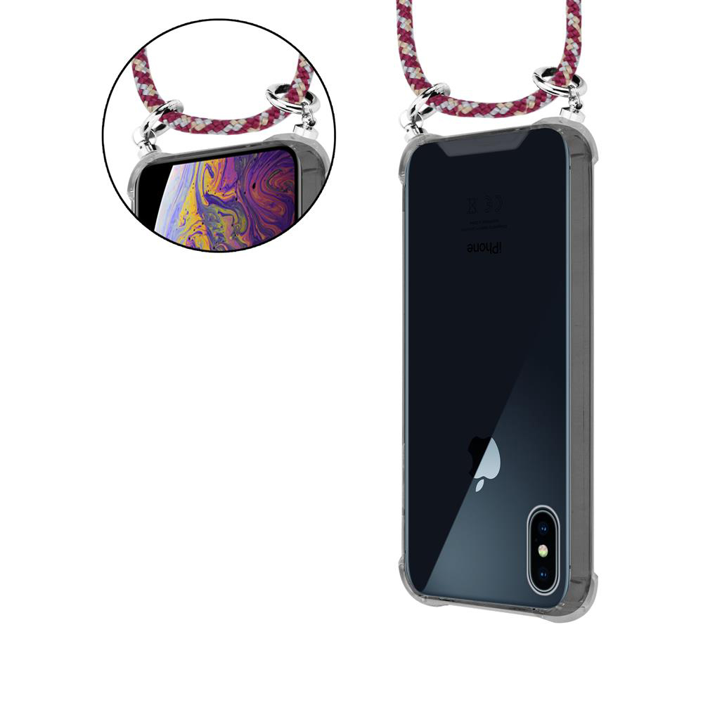 Ein iPhone mit transparentem Gehäuse und Band, das um den Hals getragen wird.