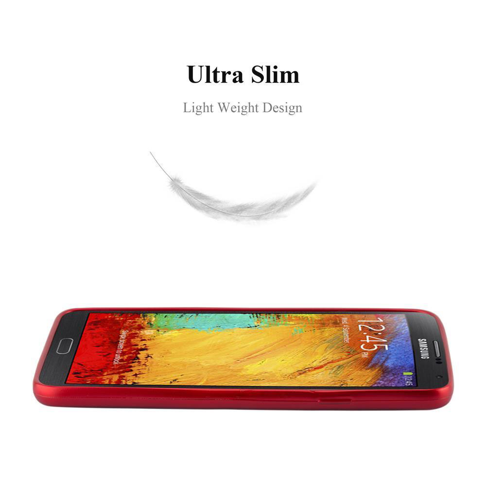 Rotes Samsung Smartphone mit „Ultra Slim“ und Feder-Grafik.