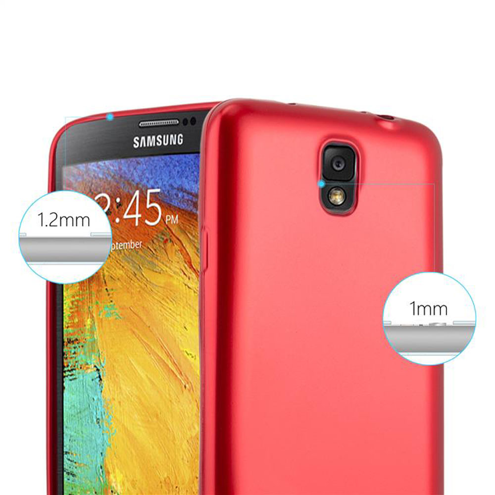 Rote Handyhülle mit Kameraobjektiv und Samsung-Logo. Maße 1,2mm und 1mm.