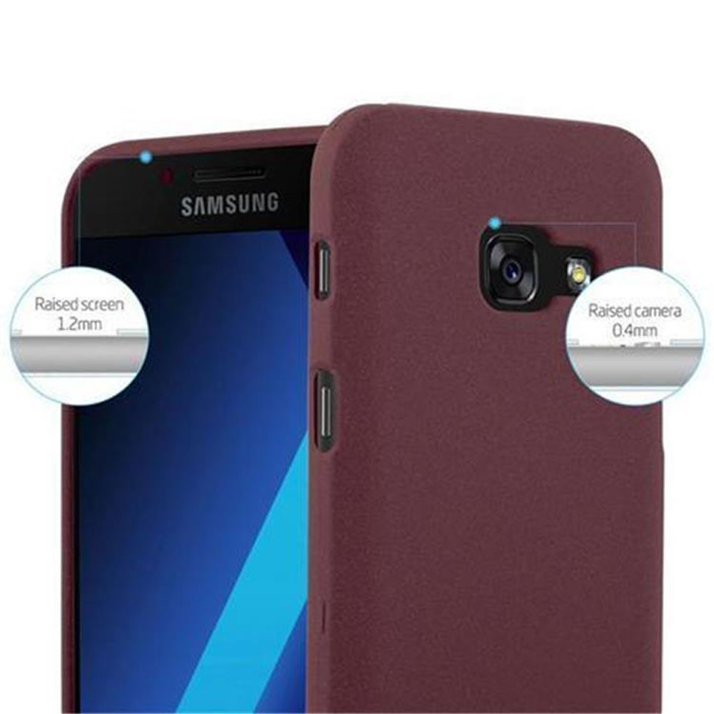 Telefono Samsung rosso scuro in custodia, fotocamera e schermo in risalto.