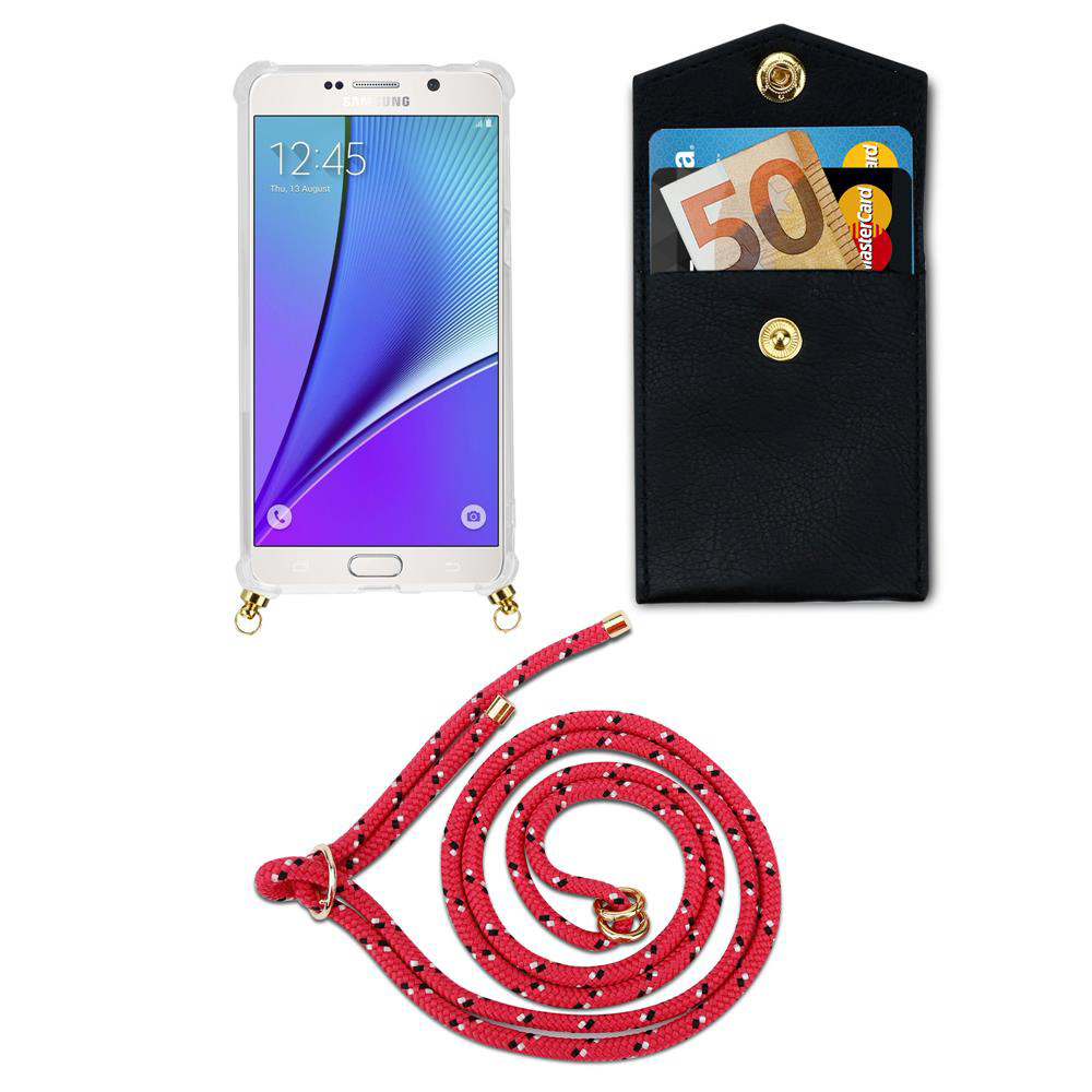 Smartphone in cover, tasca nera con soldi/carte, corda rossa.