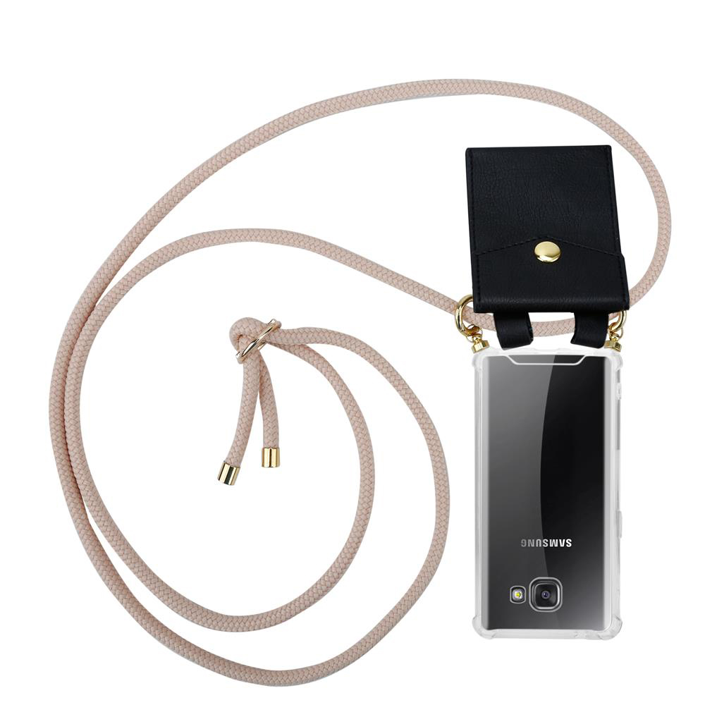 Una correa beige con funda negra y teléfono transparente.