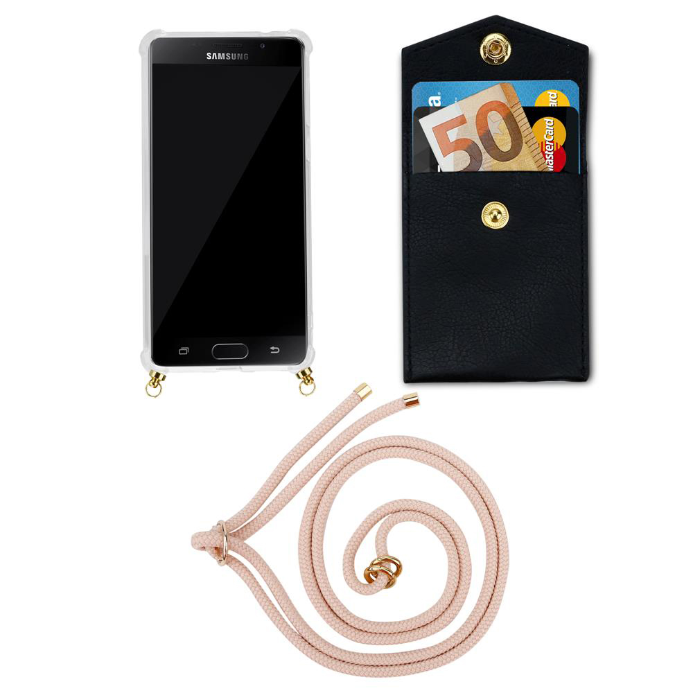Teléfono Samsung en funda, cartera negra con dinero y tarjetas, correa rosa.
