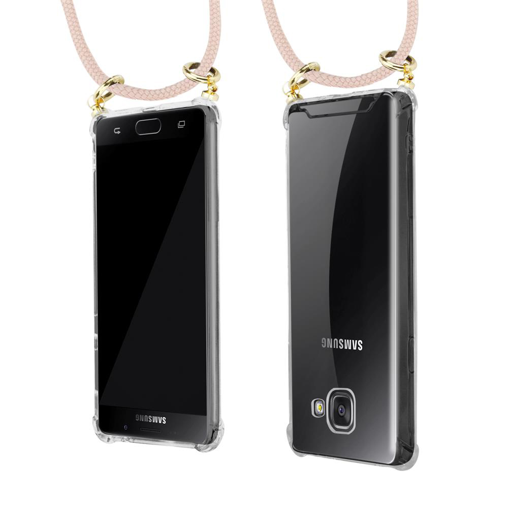 Dos fundas transparentes para Samsung con cordón rosa, vistas frontal y trasera.