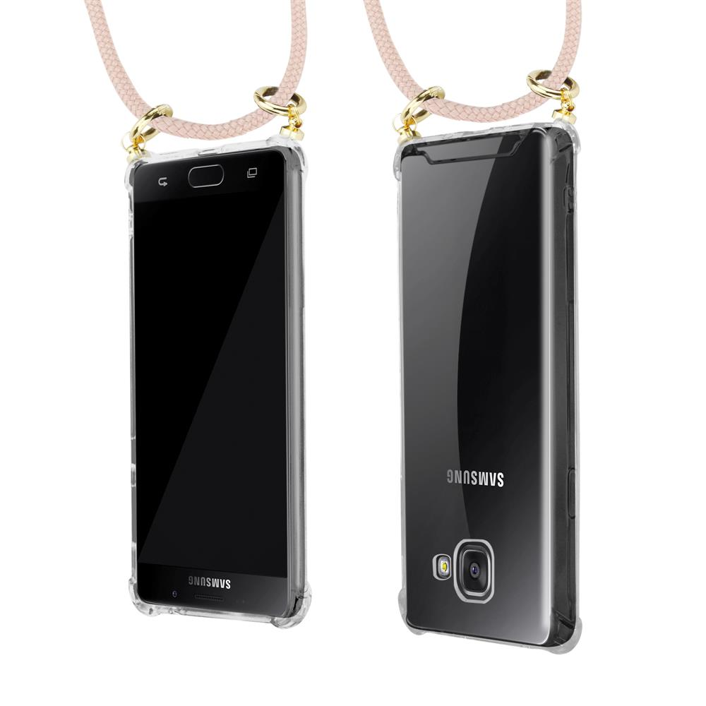 Un Samsung smartphone en funda transparente con correa rosa. Vistas frontal y trasera.