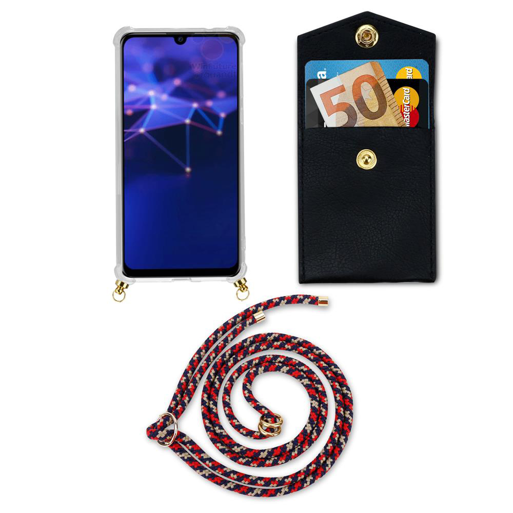 Custodia per smartphone con porta carte nero e laccetto su sfondo bianco.