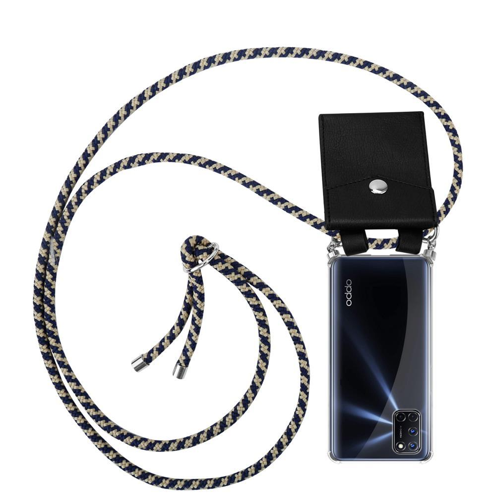 Schwarzes Handy mit Lanyard und schwarzer Tasche.