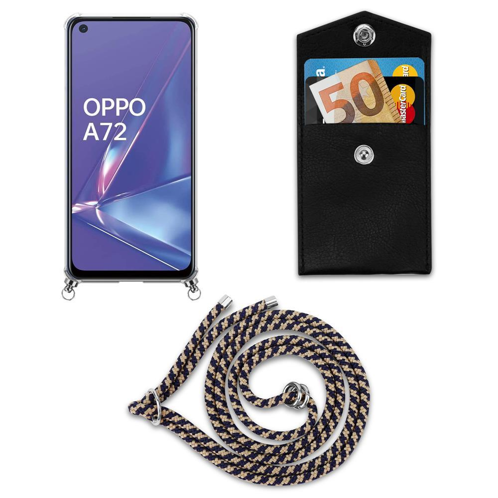 OPPO A72 Smartphone mit schwarzer Hülle, Geldbeutel mit Geld und Karte, und Lanyard.