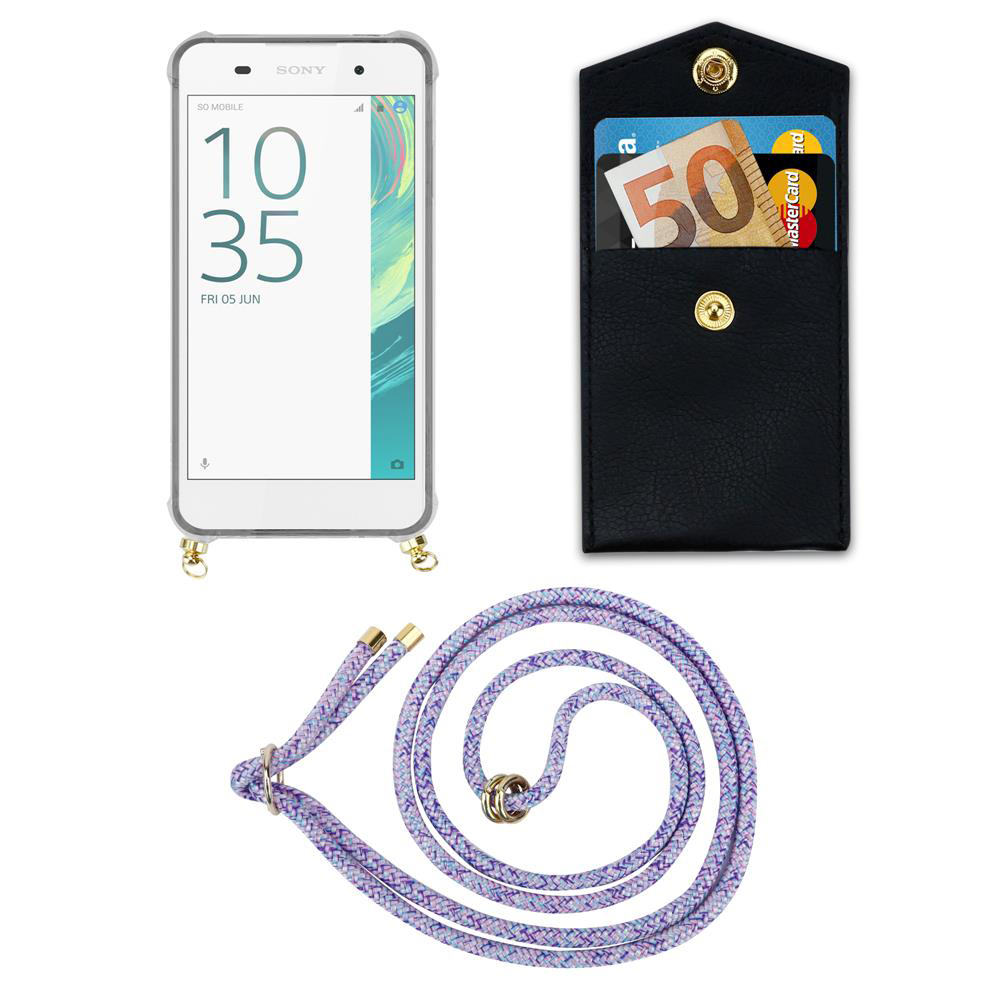 Sony Smartphone mit Hülle, schwarze Kartenhülle und lila Lanyard.