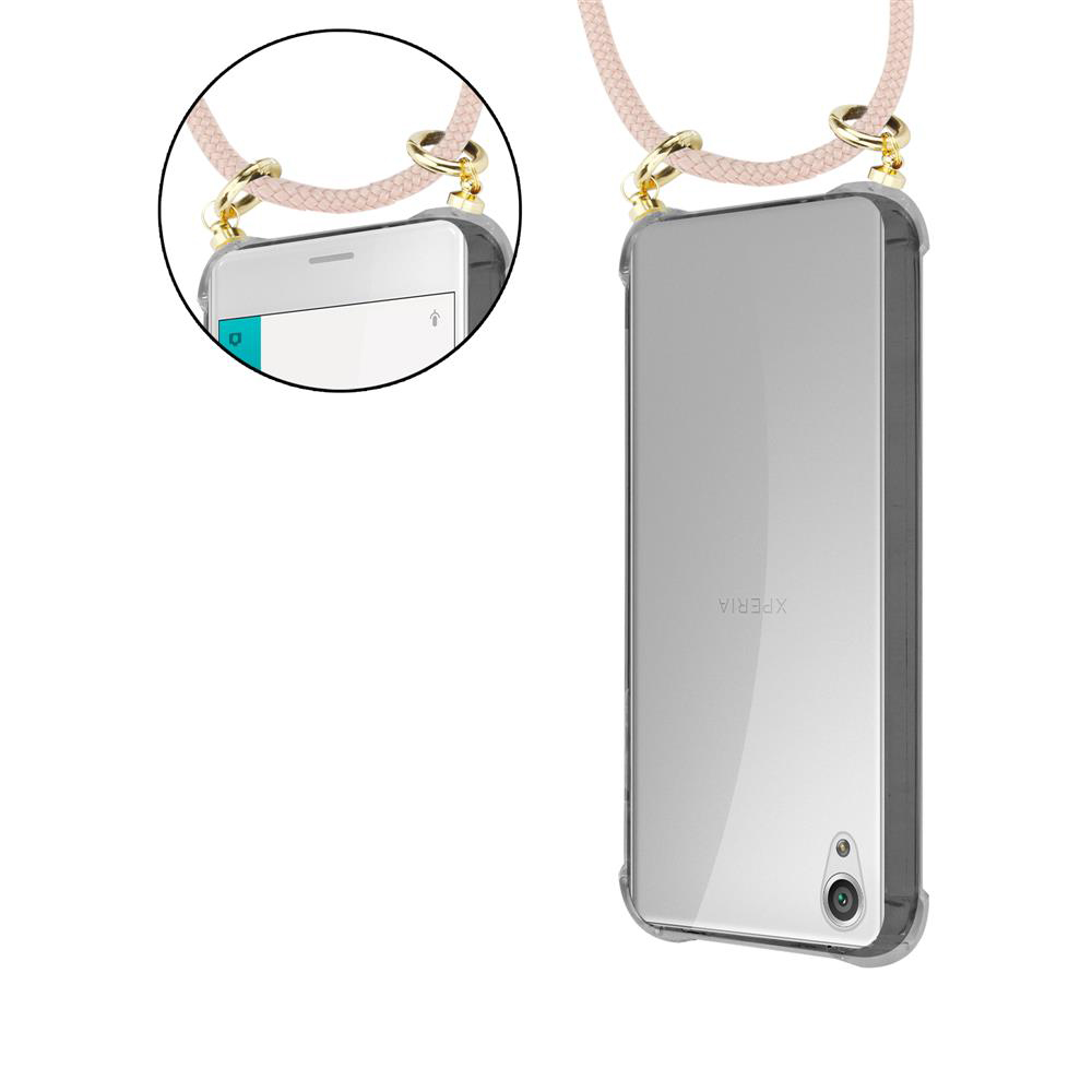 Ein transparentes Handyhülle mit einem Band, das an einem Telefon befestigt ist.