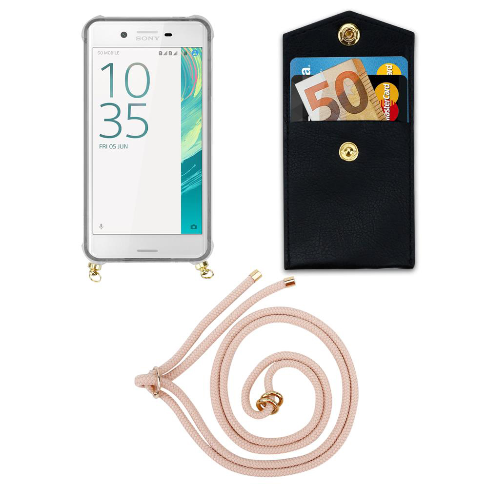 Ein Smartphone mit Hülle, eine schwarze Brieftasche mit Geld und Karten und eine Schnur.