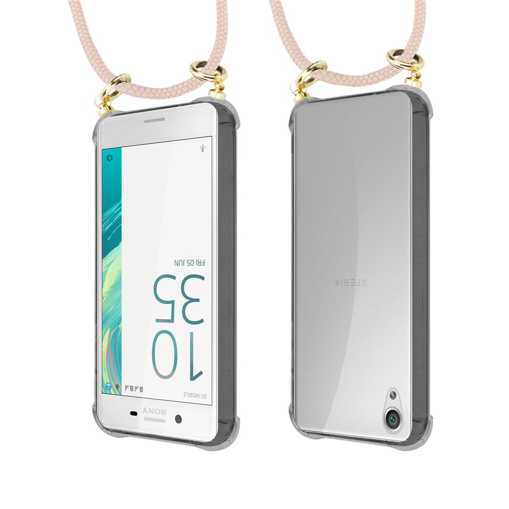Zwei Sony Xperia Handys, vorne und hinten gezeigt, mit Halsketten.