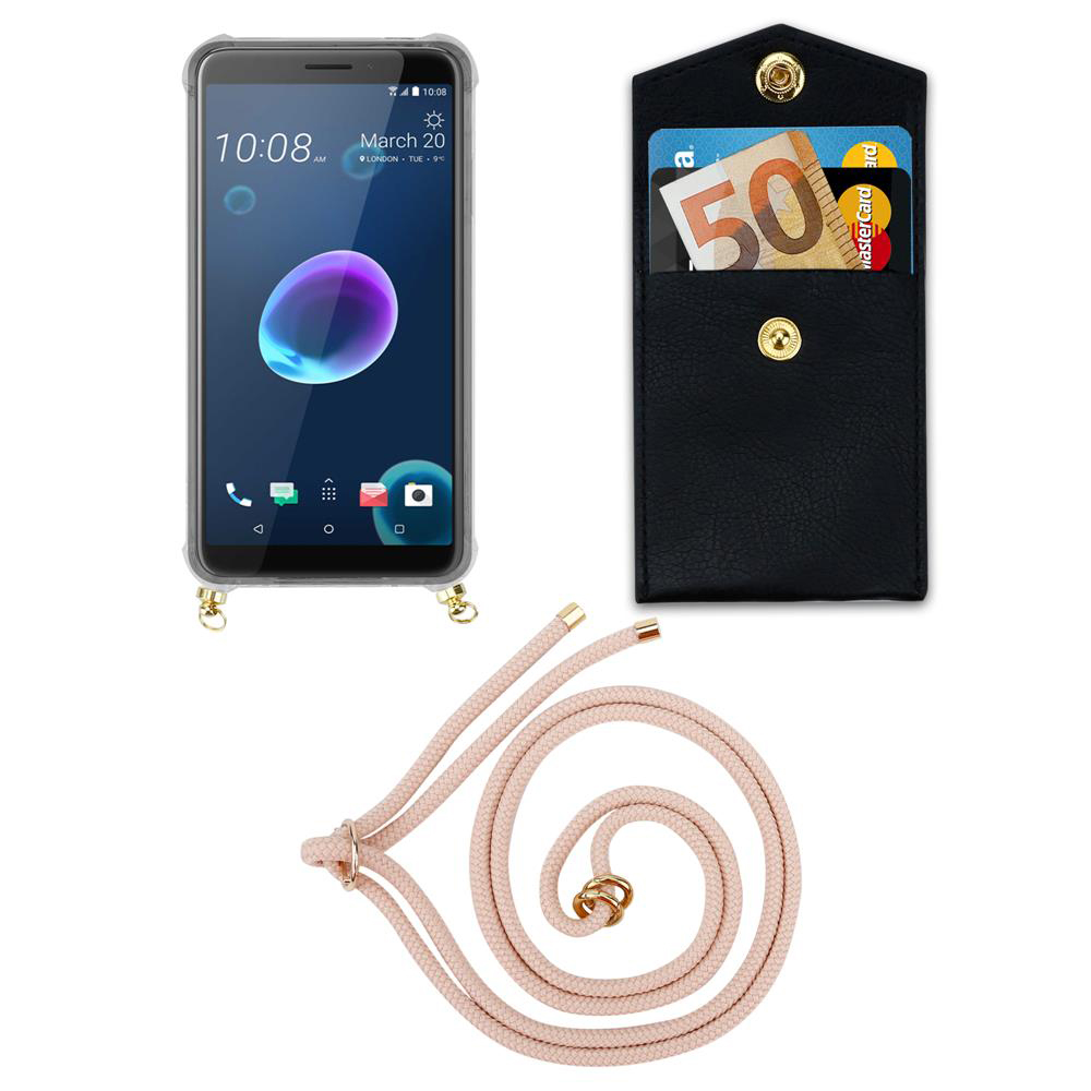 Ein Smartphone mit Hülle, eine schwarze Brieftasche mit Karten und Geldscheinen und eine Schnur.