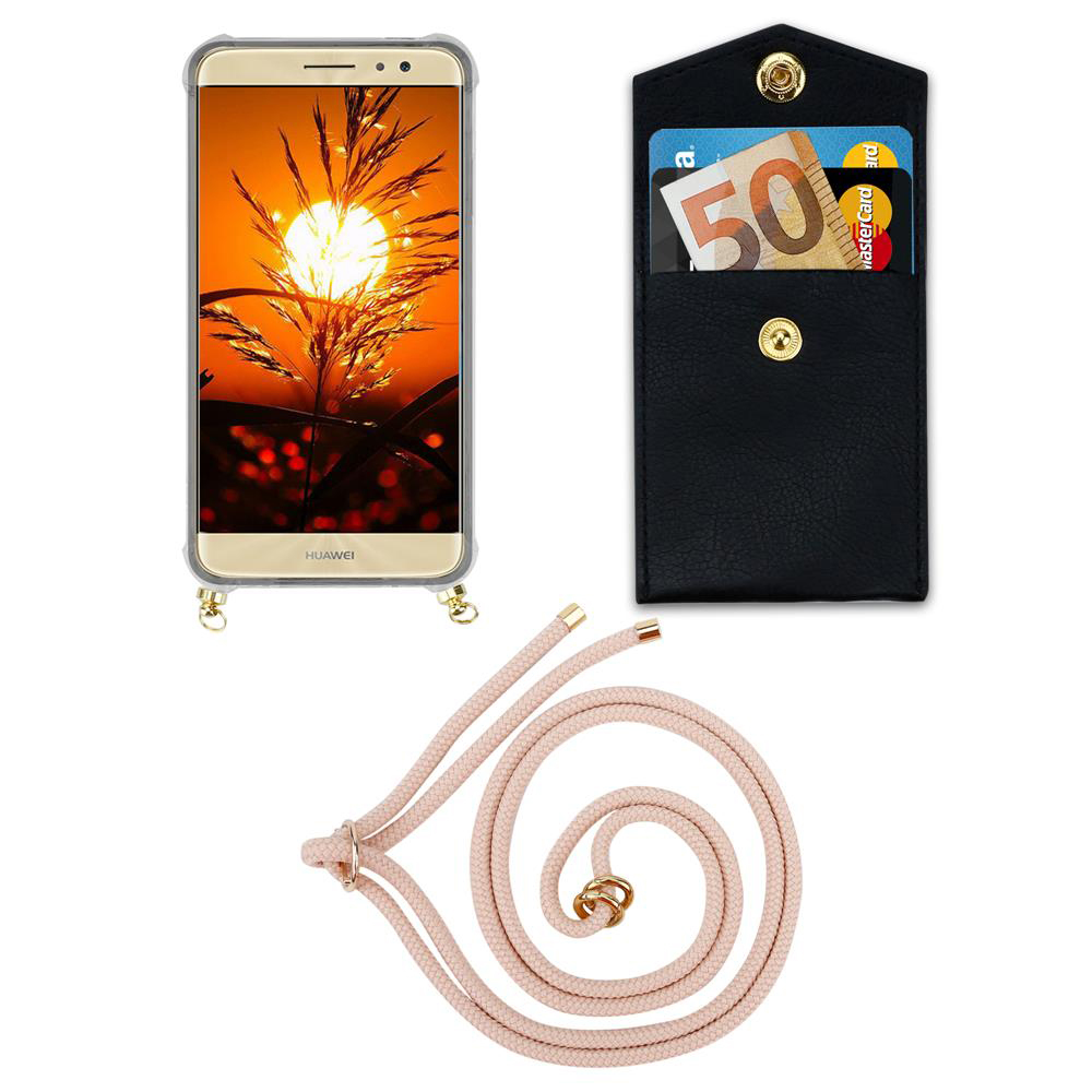 Uno smartphone in custodia, una tasca nera con soldi e carte, e un cordone rosa.