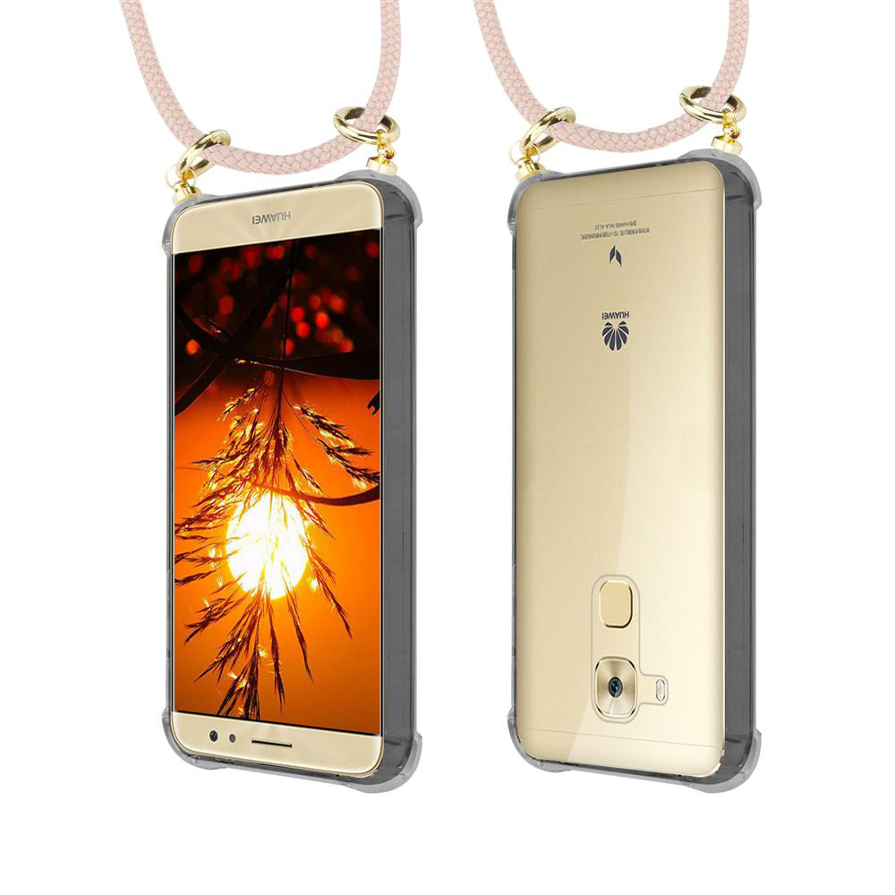 Telefono Huawei dorato in custodia trasparente con laccetto rosa. Schermo anteriore mostra tramonto.