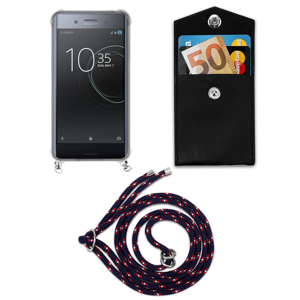 Uno smartphone in custodia, un portafoglio con soldi e carte, e un laccio.