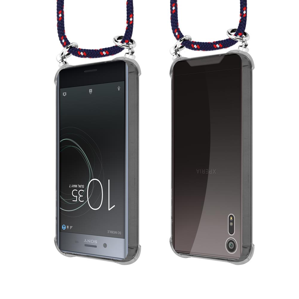 Due telefoni Sony Xperia in custodie trasparenti con laccetto. Uno mostra lo schermo, l'altro il retro.
