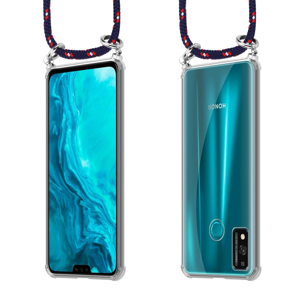 Uno smartphone Honor in custodia trasparente con cordino blu e rosso.