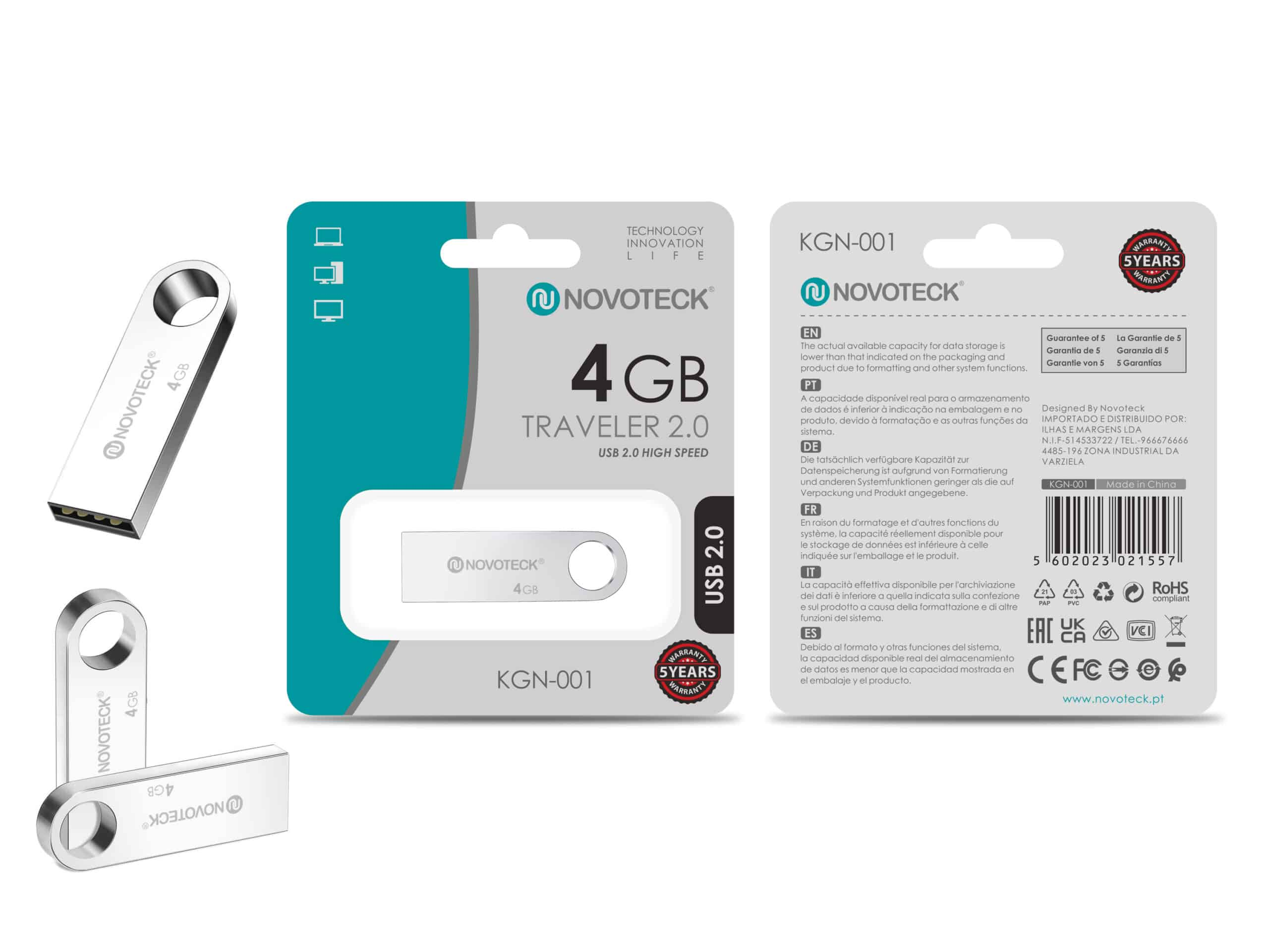 Una chiavetta USB Novoteck argento da 4GB, modello KGN-001, con 5 anni di garanzia.