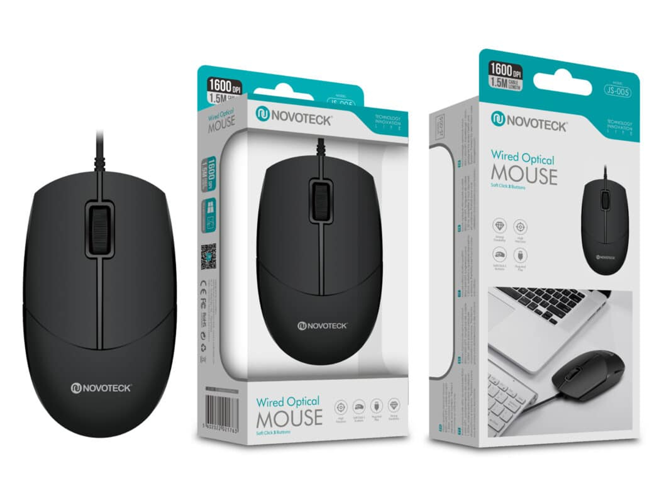 Mouse ottico Novoteck nero con cavo e confezione, 1600 DPI.