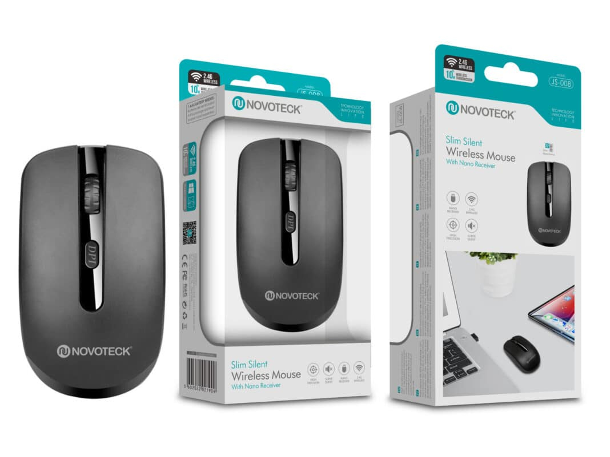 Mouse wireless Novoteck grigio, uno fuori dalla scatola e due in confezione.