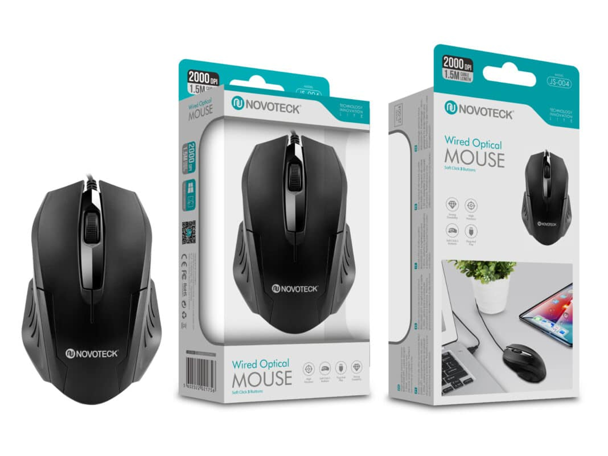 Ratón óptico Novoteck negro con cable en embalaje con especificaciones.
