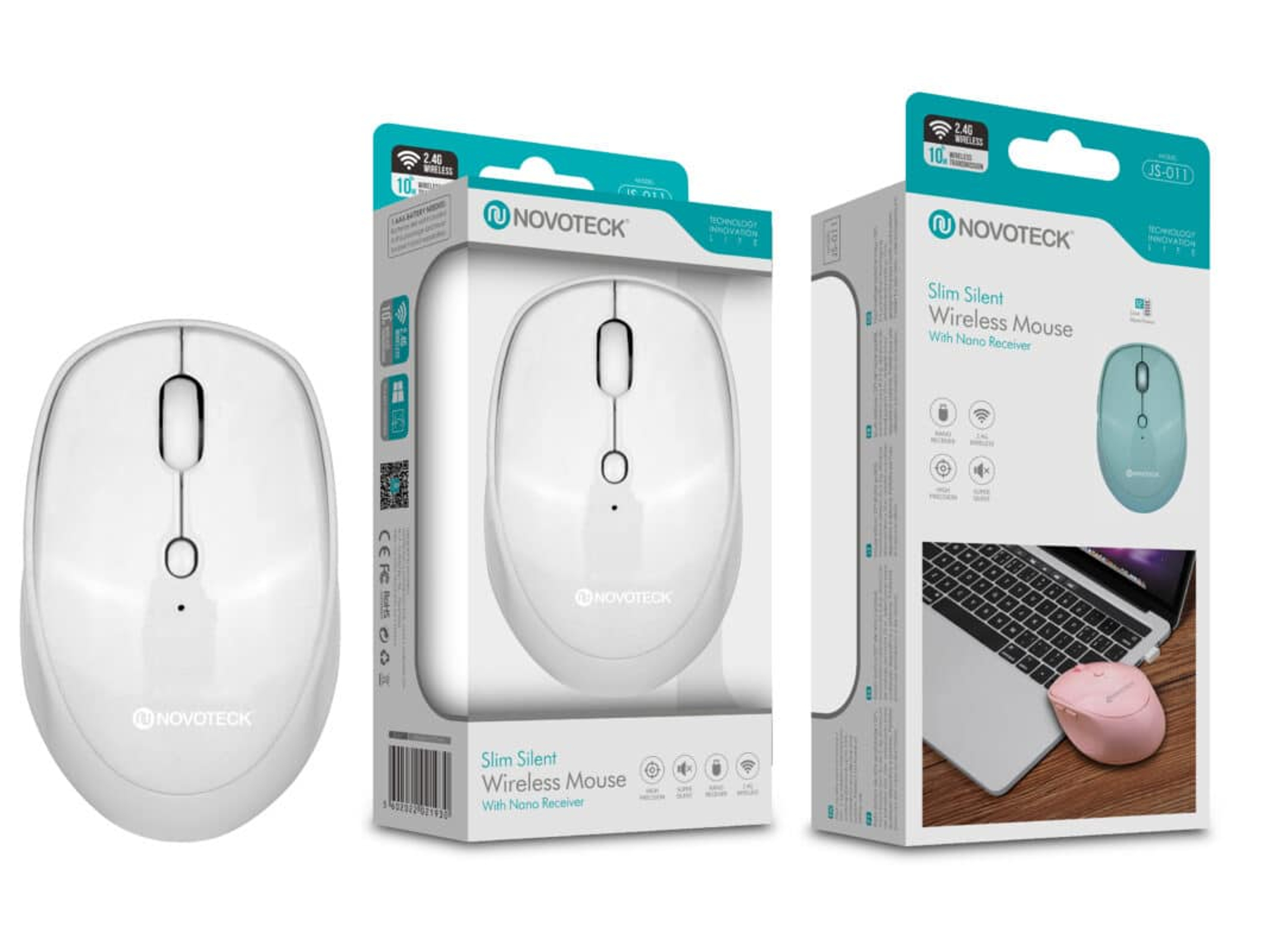 Tre mouse Novoteck: uno bianco, uno in confezione e uno in scatola su un laptop.