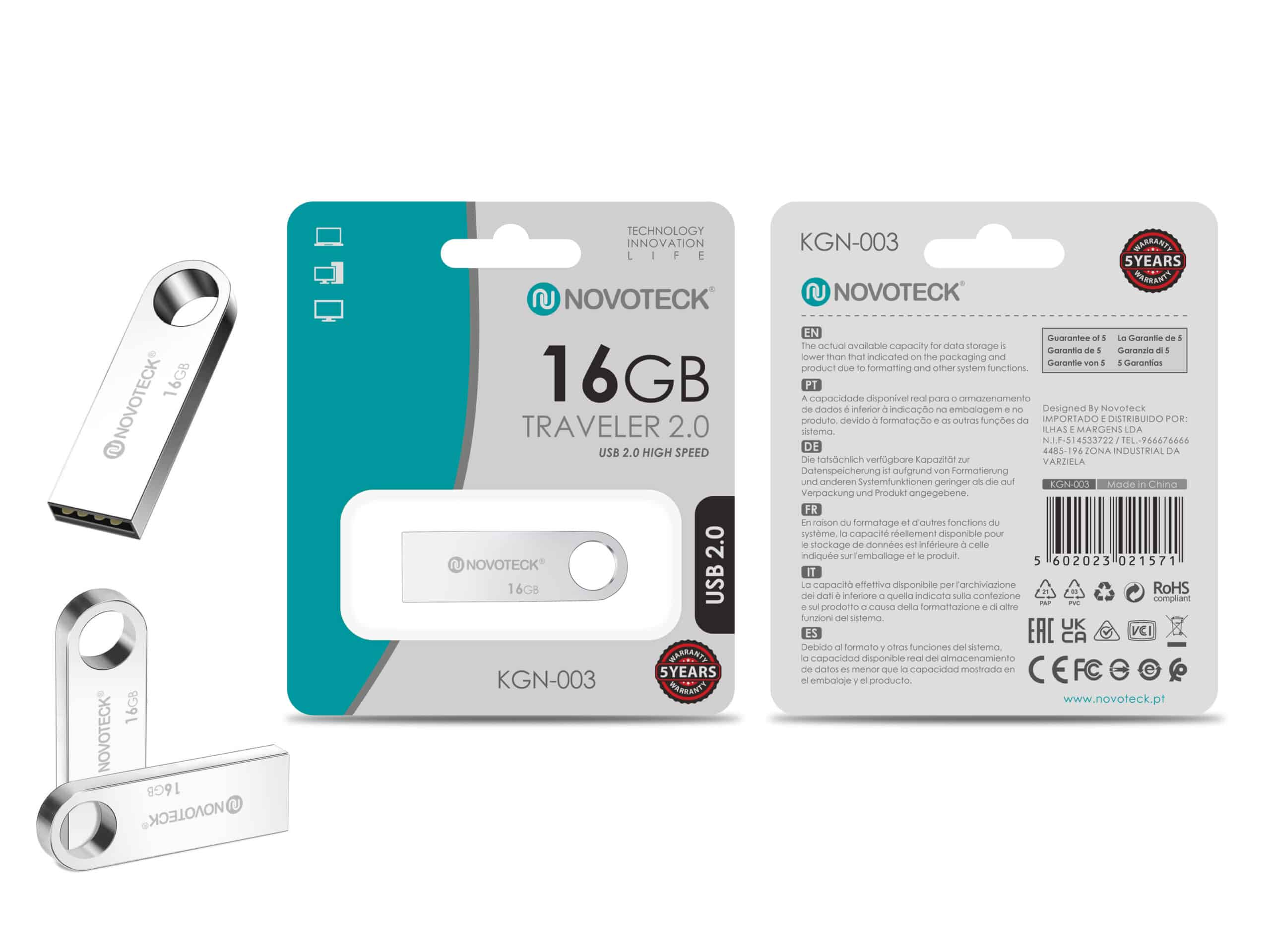 Chiavetta USB argento da 16GB con cappuccio e confezione.