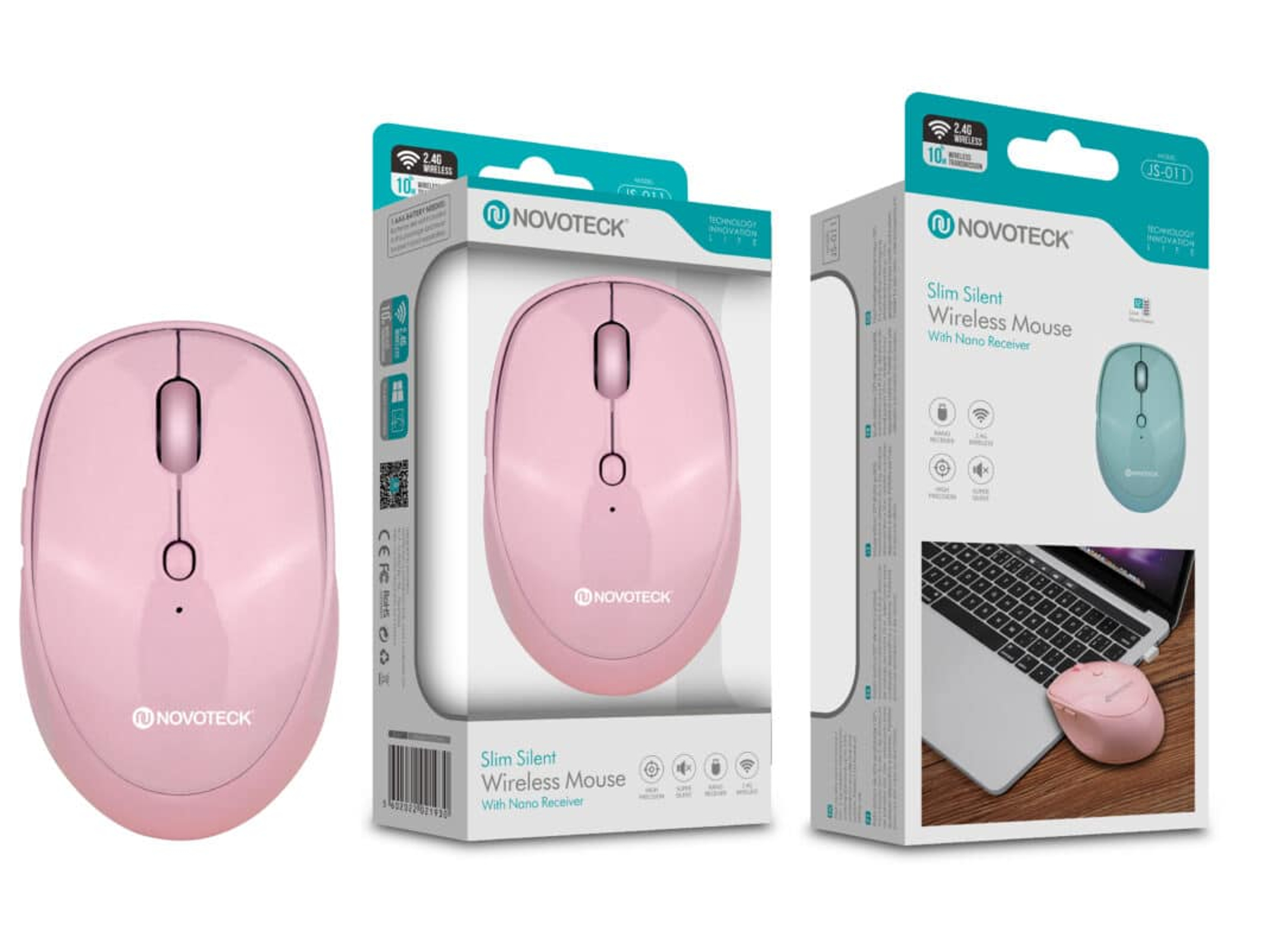 Tre mouse NovoTech: uno rosa singolo, una confezione con mouse rosa, una confezione con mouse blu.
