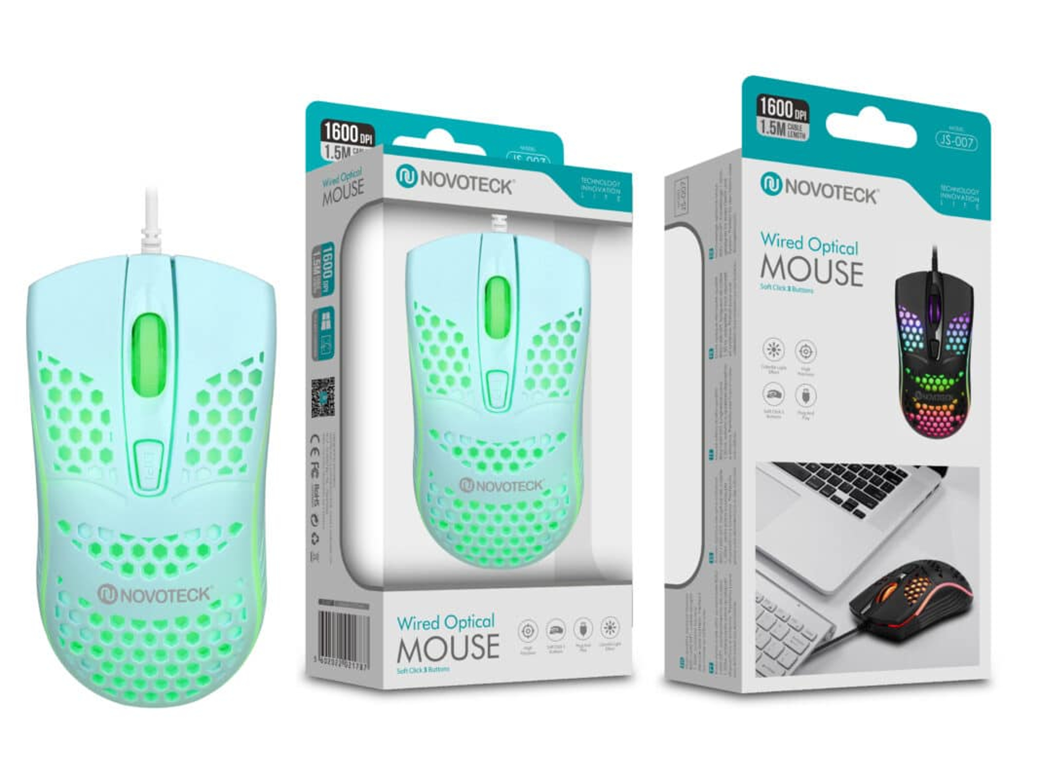 Paquete de ratón Novoteck azul claro con diseño de panal e iluminación verde.