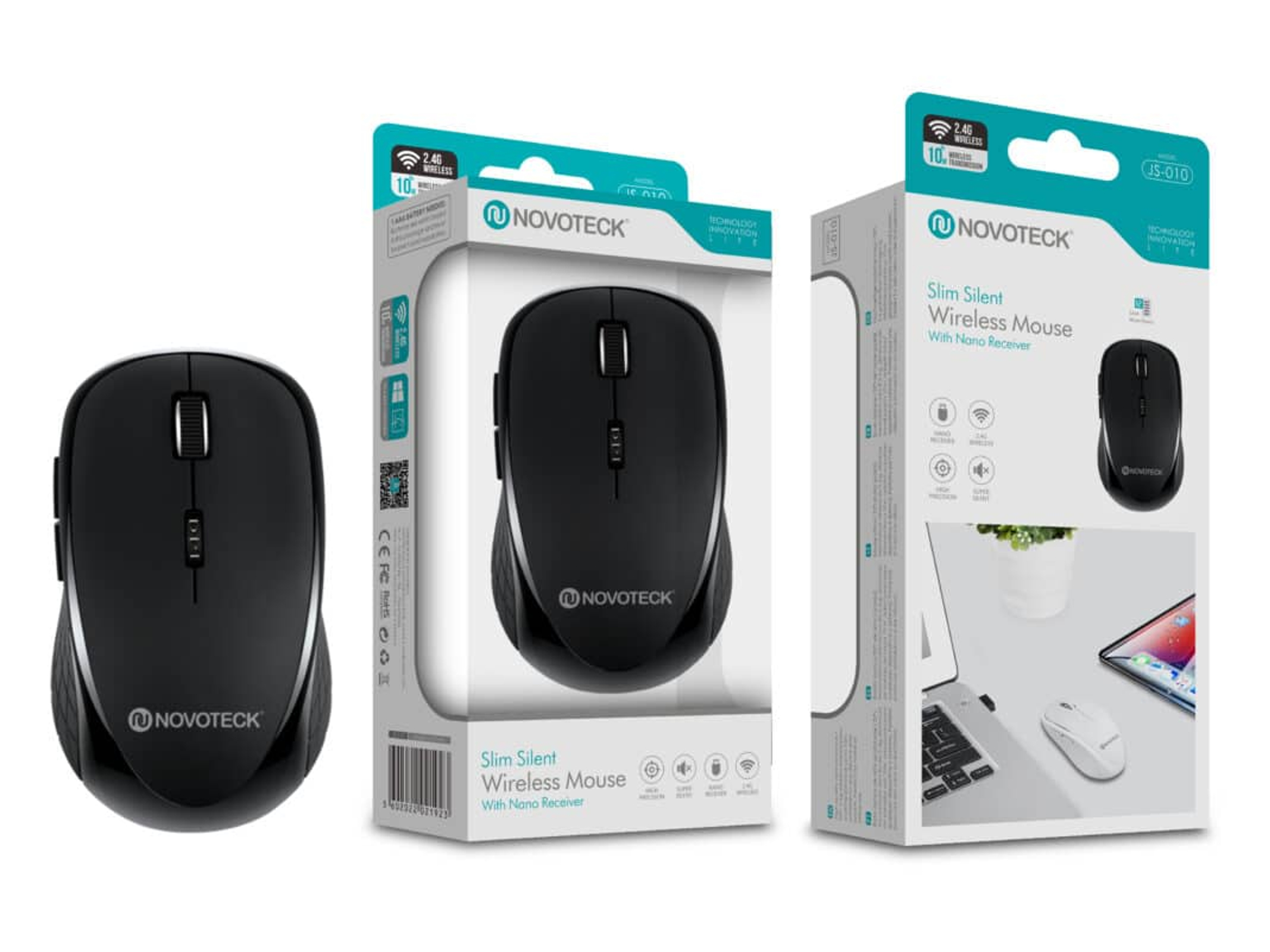 Mouse wireless NOVOTECK nero e confezione, con immagini del prodotto.