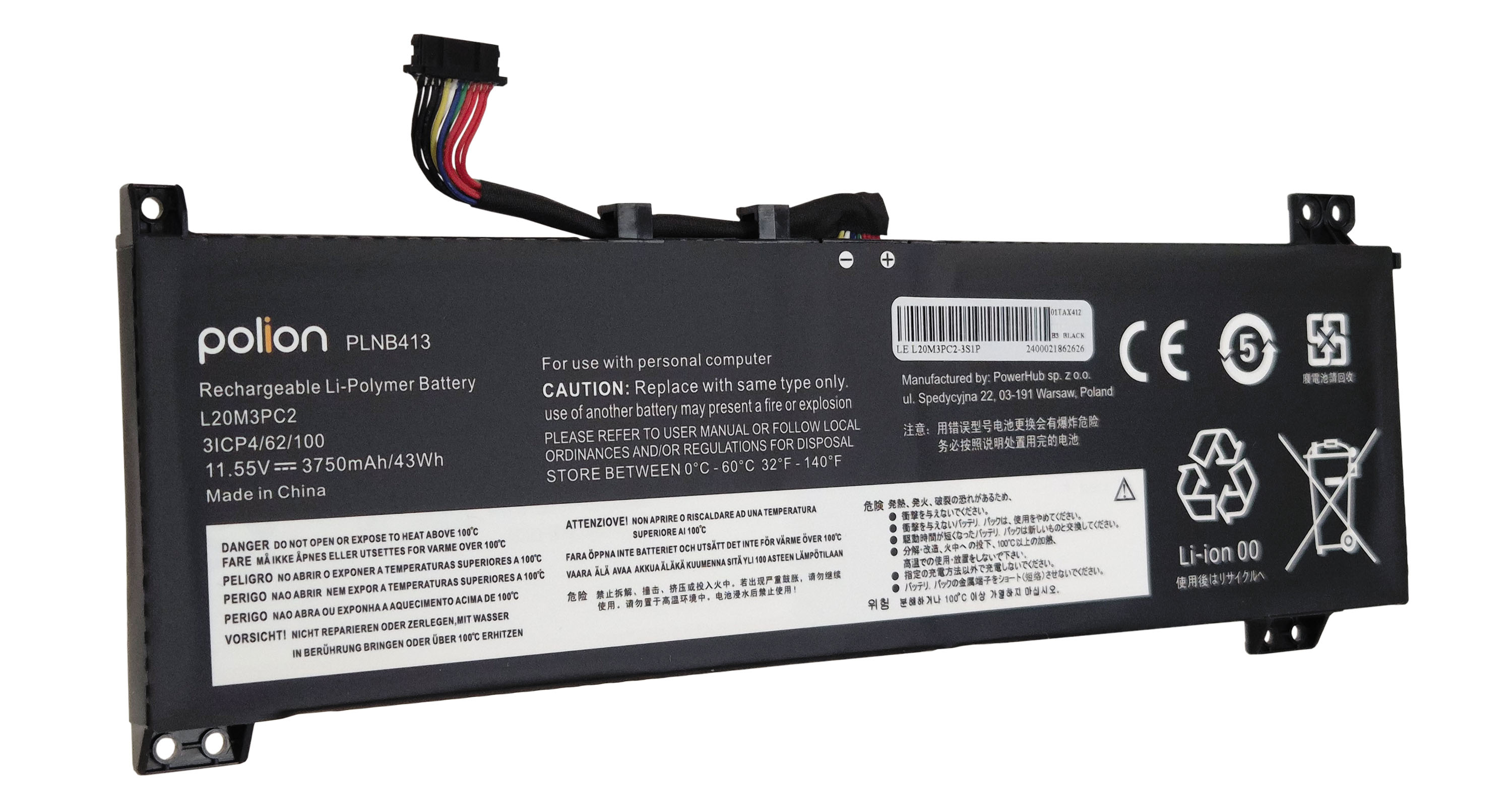 Czarna bateria do laptopa, model PLNB413, L20M3PC2, 11.55V, 3750mAh, z kablem.