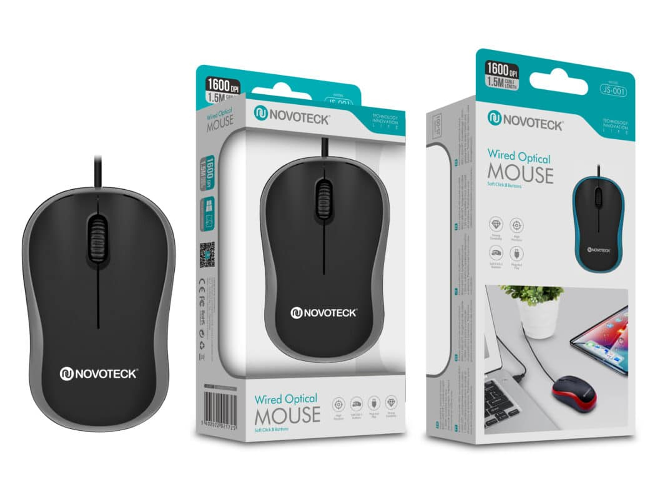 Un mouse nero Novoteck e la sua confezione con dettagli tecnici.
