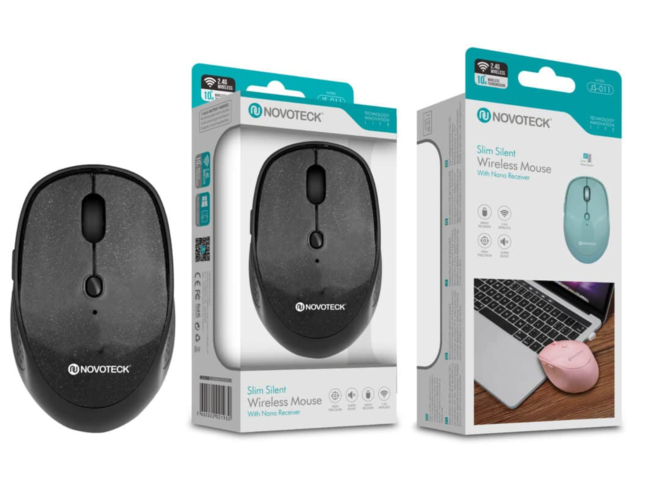 Tre confezioni di mouse wireless Novoteck: un mouse nero e due scatole.