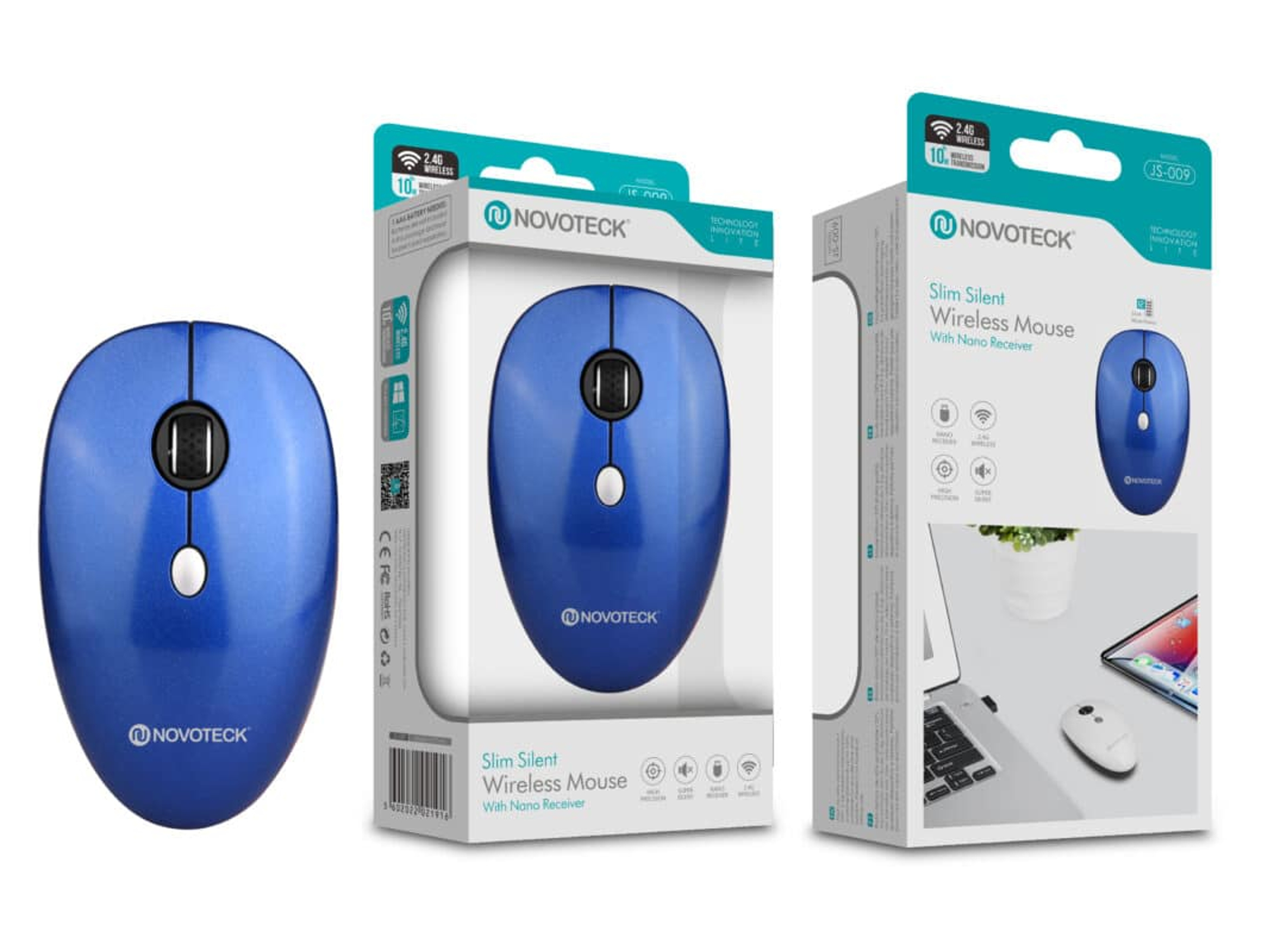 Una confezione di mouse wireless blu Noveteck che mostra il mouse e la confezione.