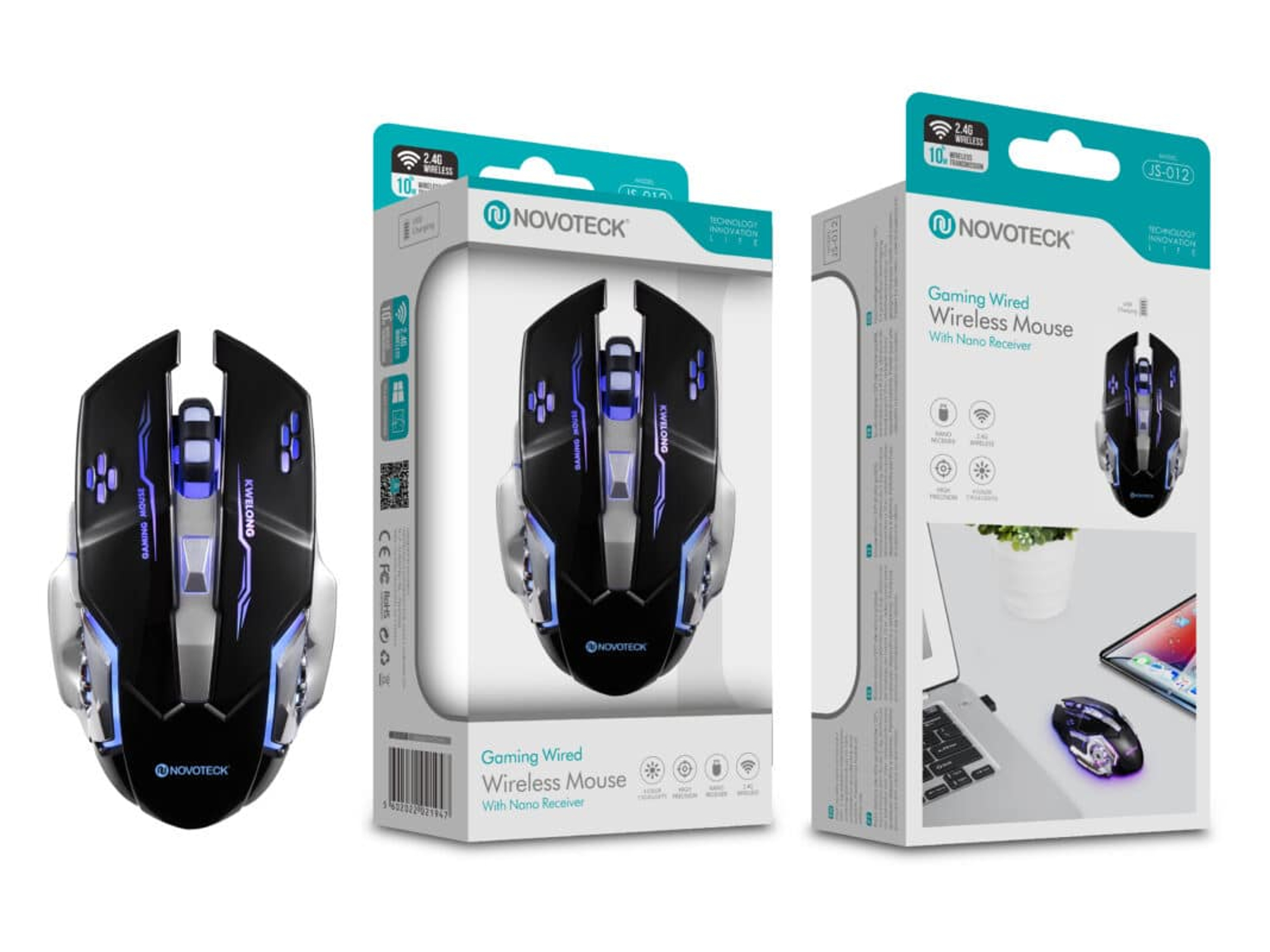 Mouse gaming con luci blu e confezione Novoteck.