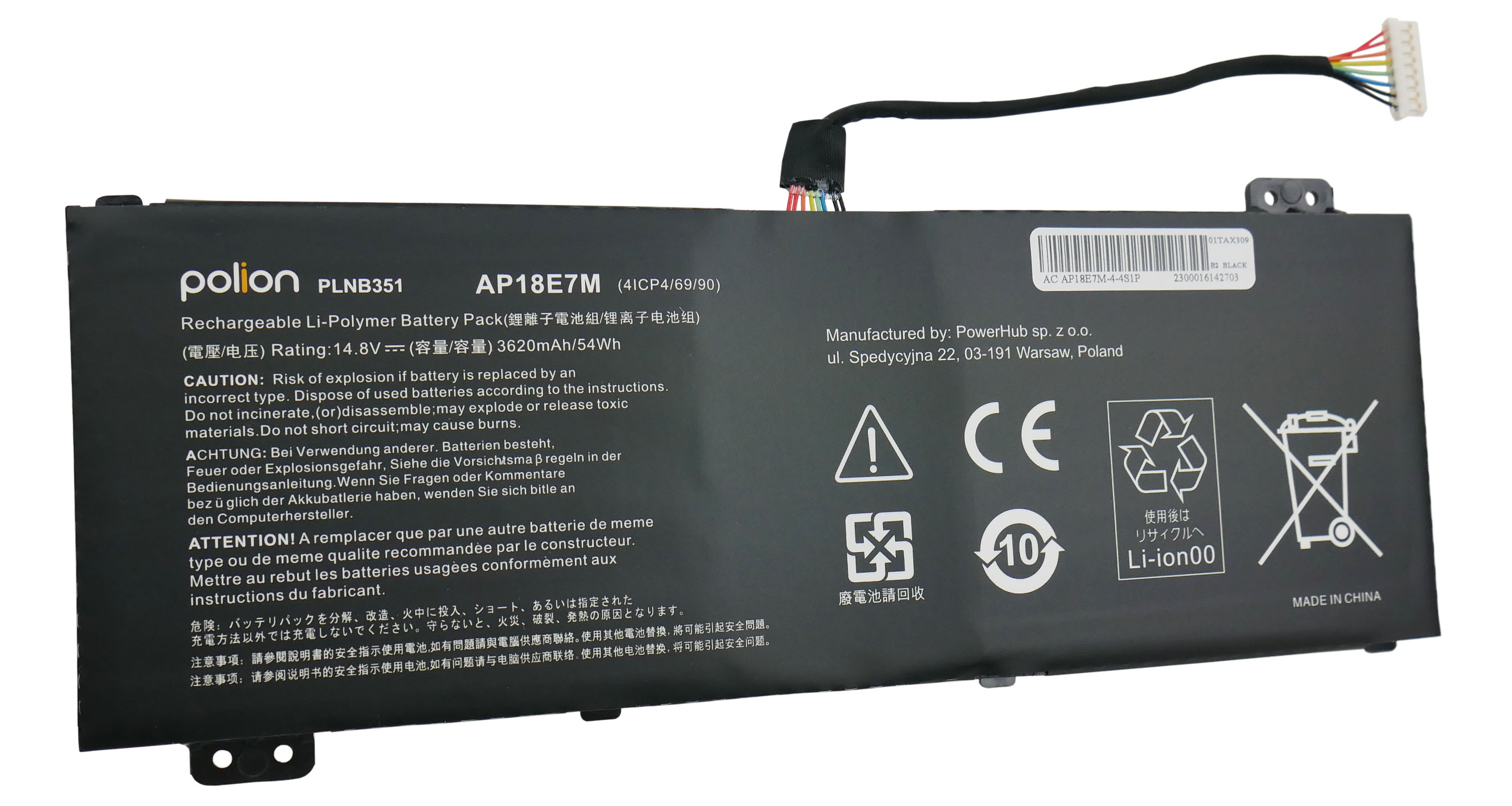 Czarny akumulator z kablem, model AP18E7M, 14.8V, 3620mAh.