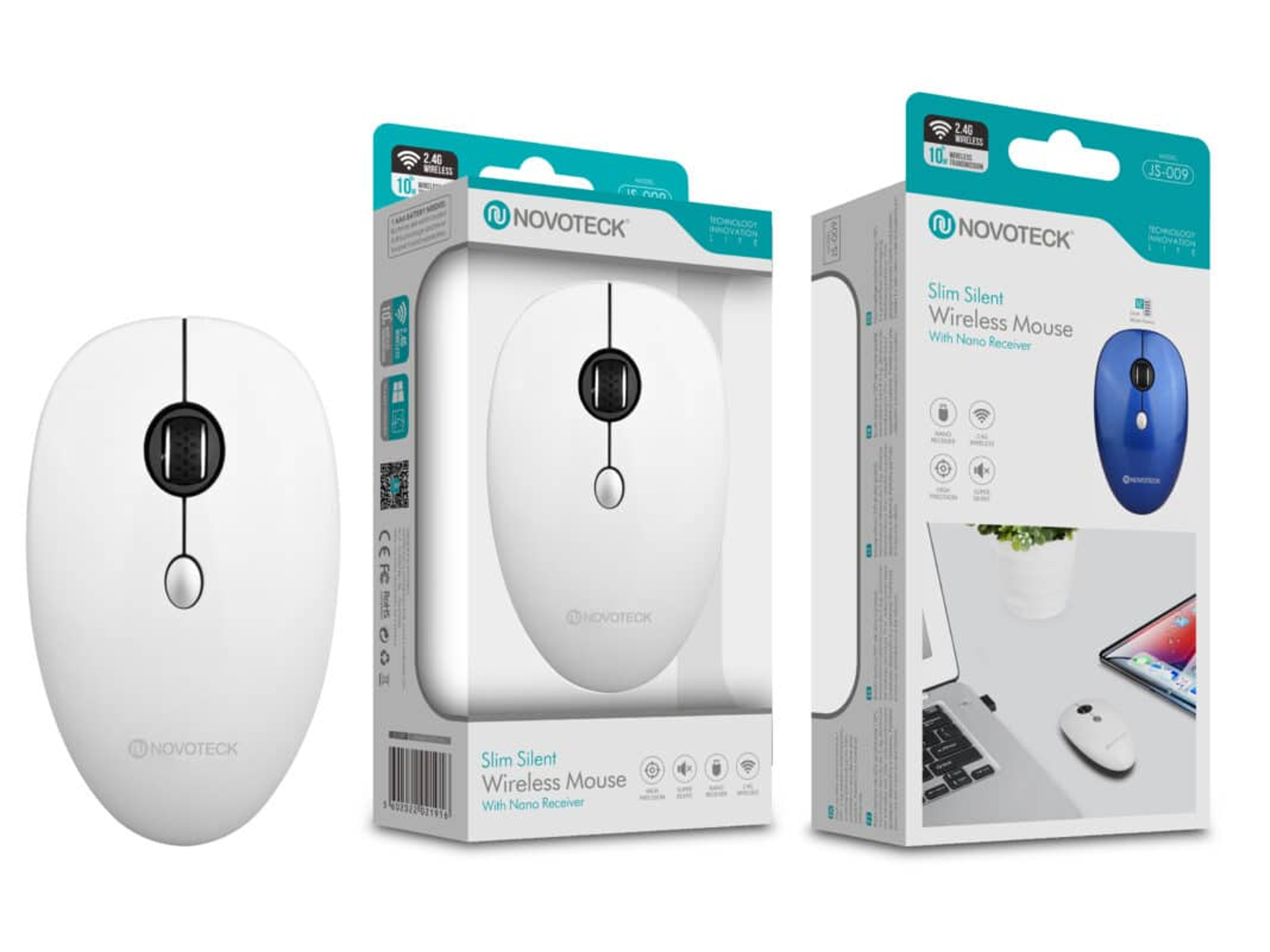 Un mouse wireless bianco Novoteck e la sua confezione.