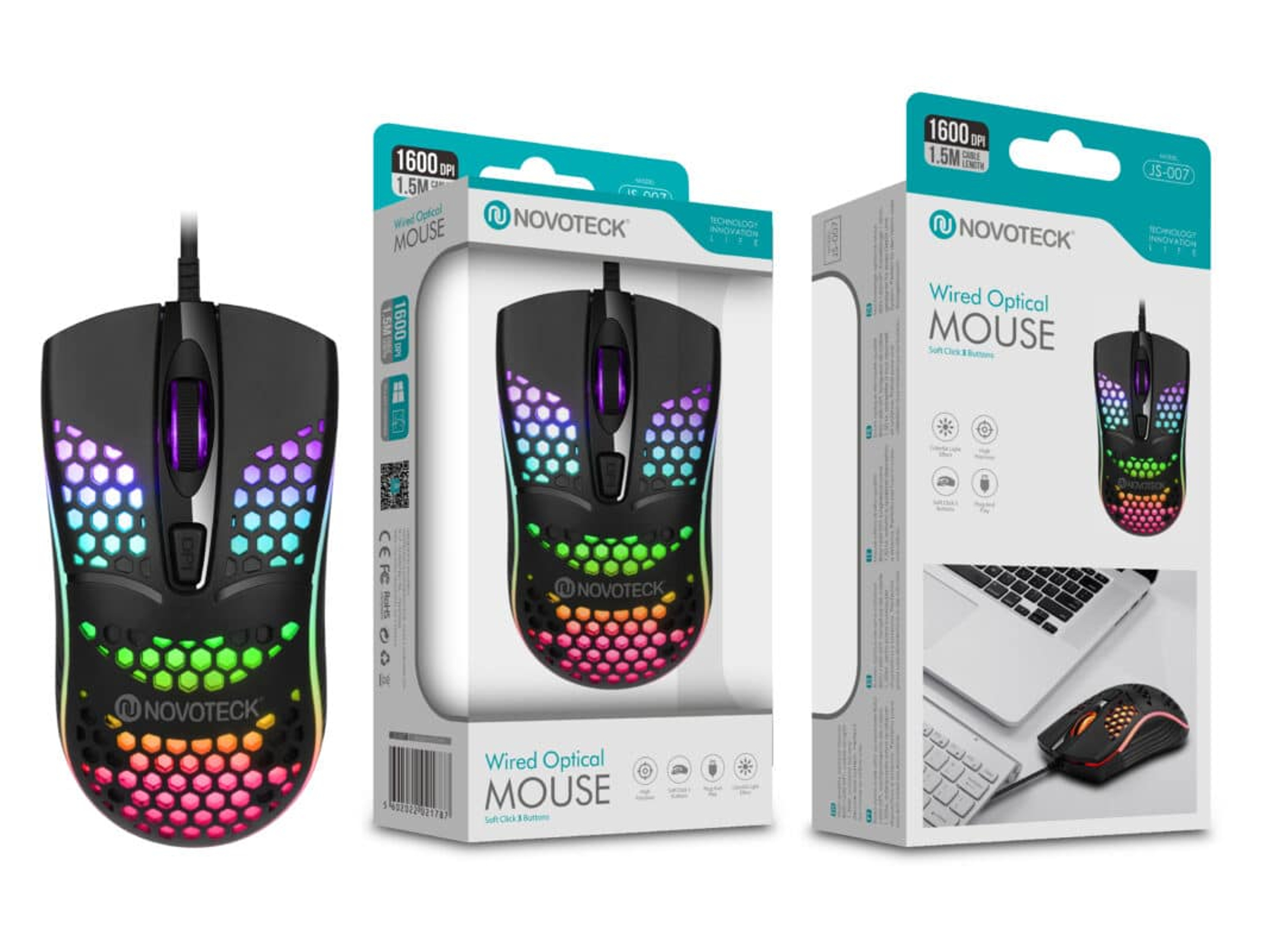 Ratón gaming negro con iluminación RGB y patrón de panal en el embalaje.