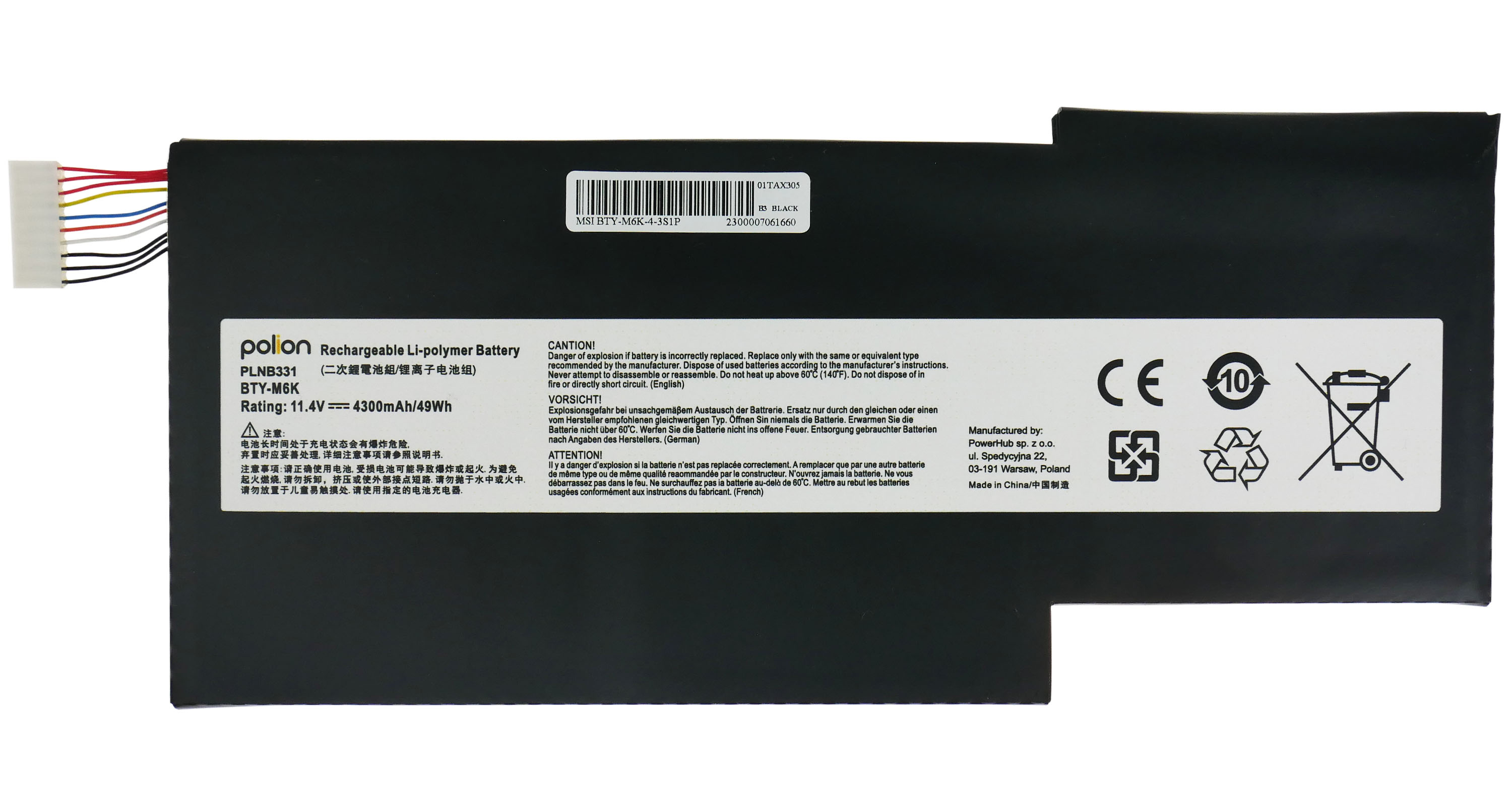 Czarna bateria do laptopa z kablami i symbolami ostrzegawczymi. Model MSI BTY-M6K.