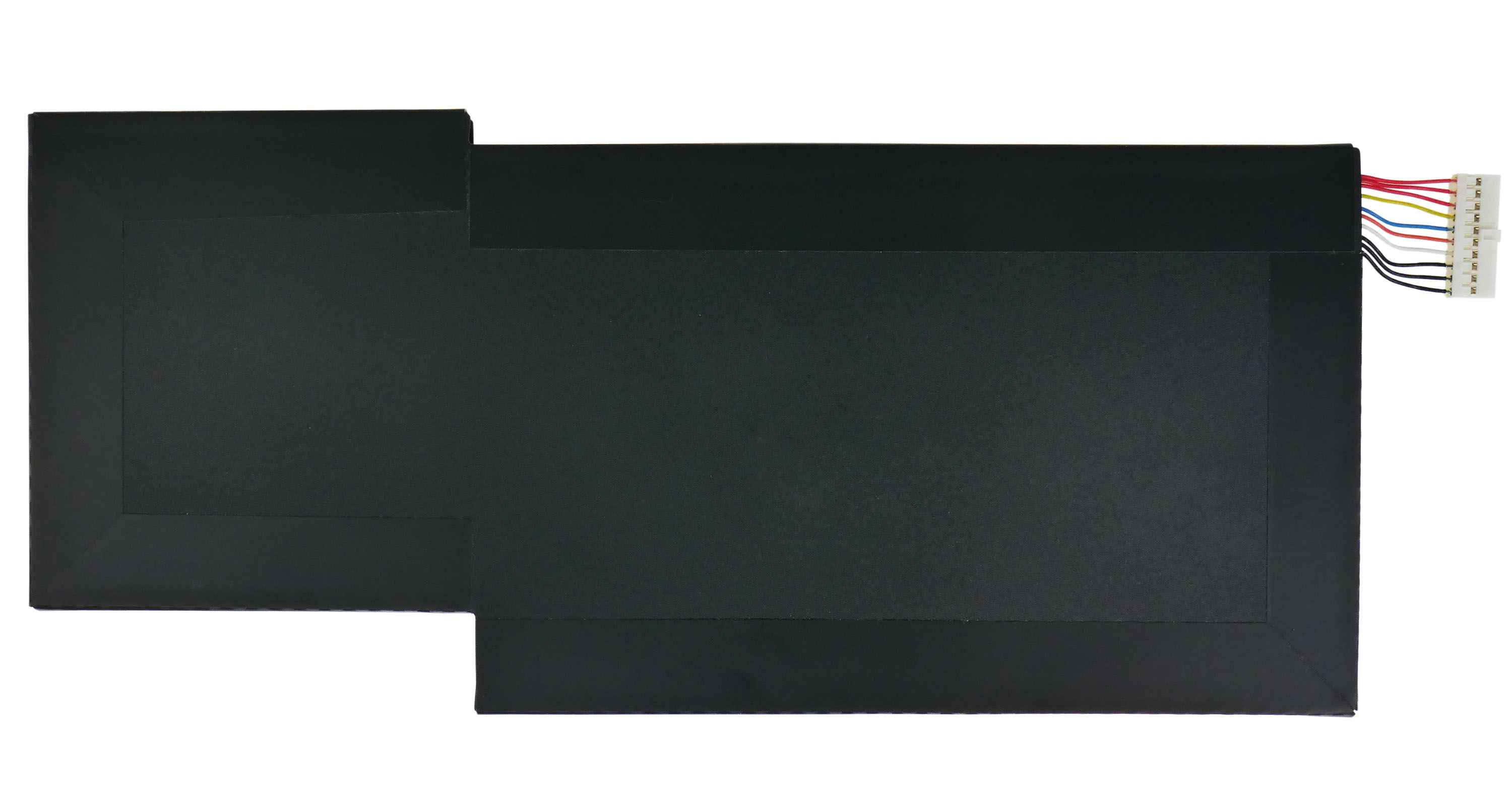 Dwie czarne prostokątne baterie obok siebie z białym kablem połączeniowym.