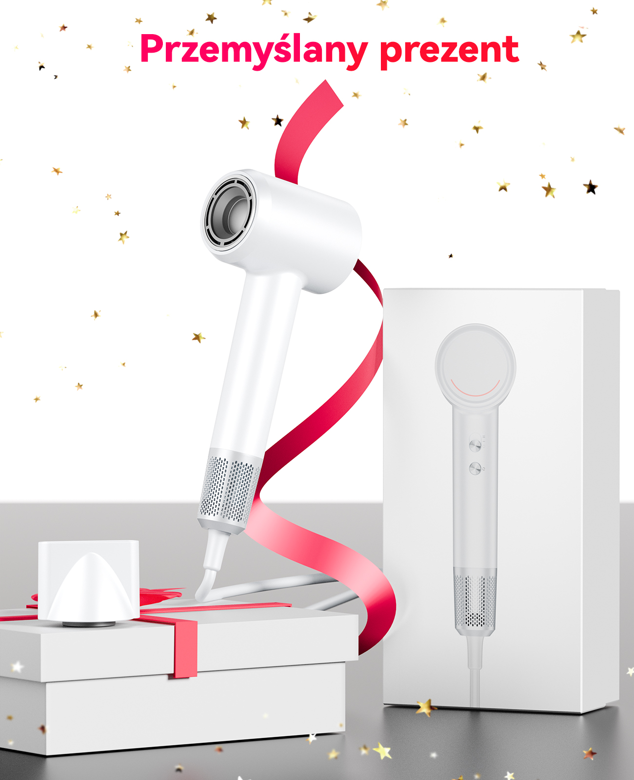 Biała suszarka do włosów z czerwoną wstążką, w pudełkach prezentowych, wśród gwiazdek.