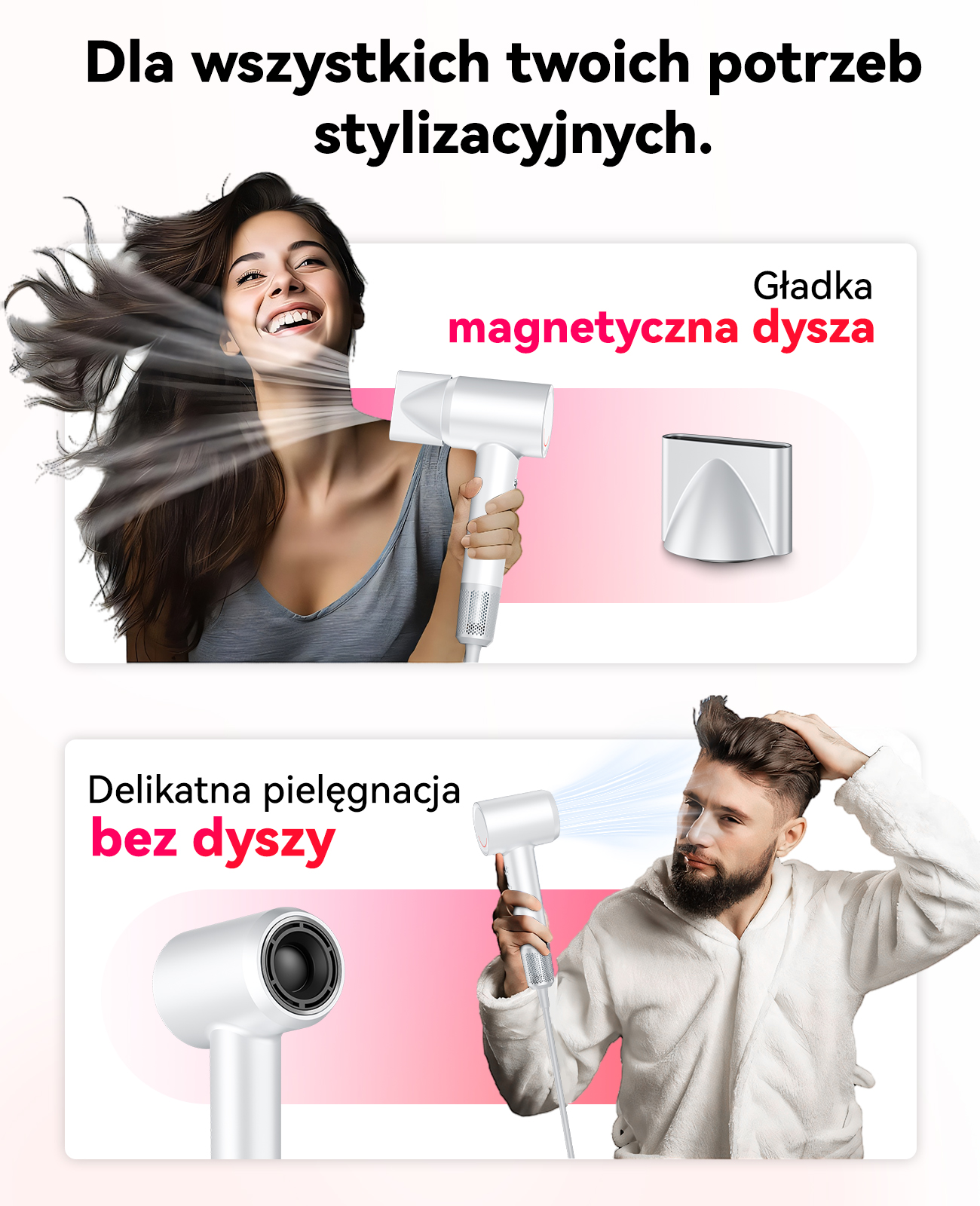 Kobieta z podwiewanym włosem, mężczyzna w szlafroku z podwiewanym włosem.