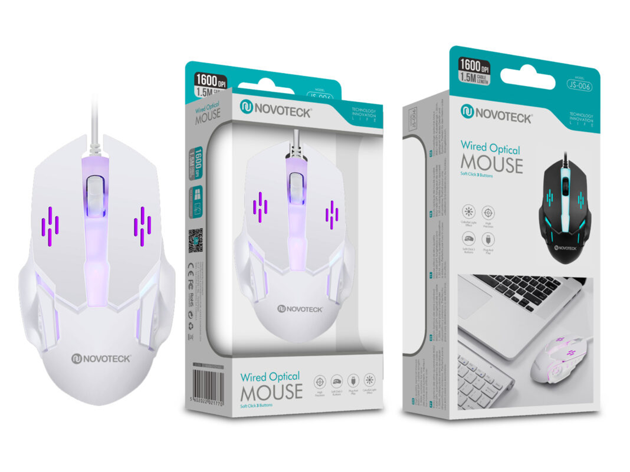 Ratones Novoteck blancos y negros con embalaje. Iluminación RGB.