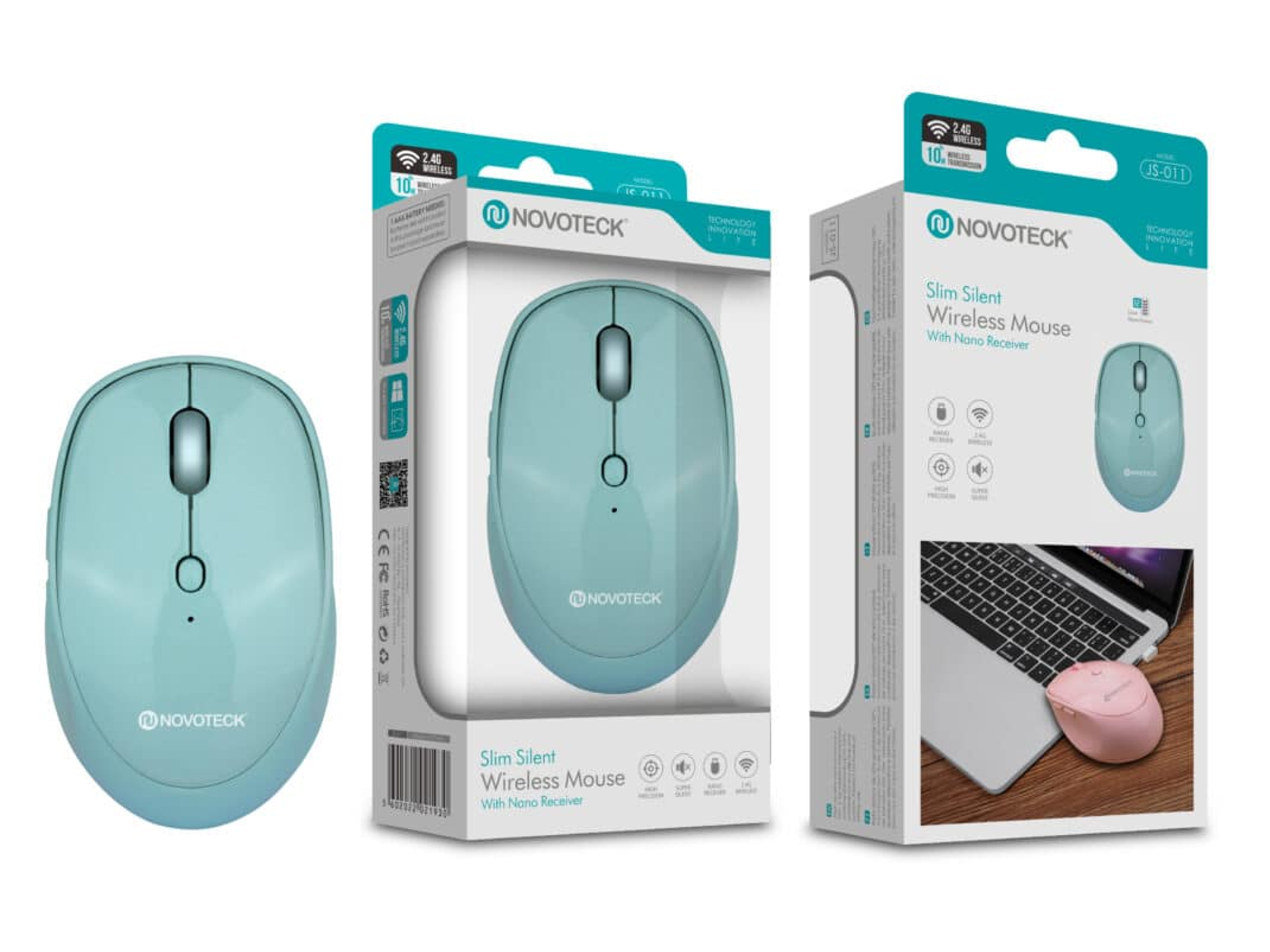 Un set di mouse wireless Novoteck azzurro e rosa con confezione.